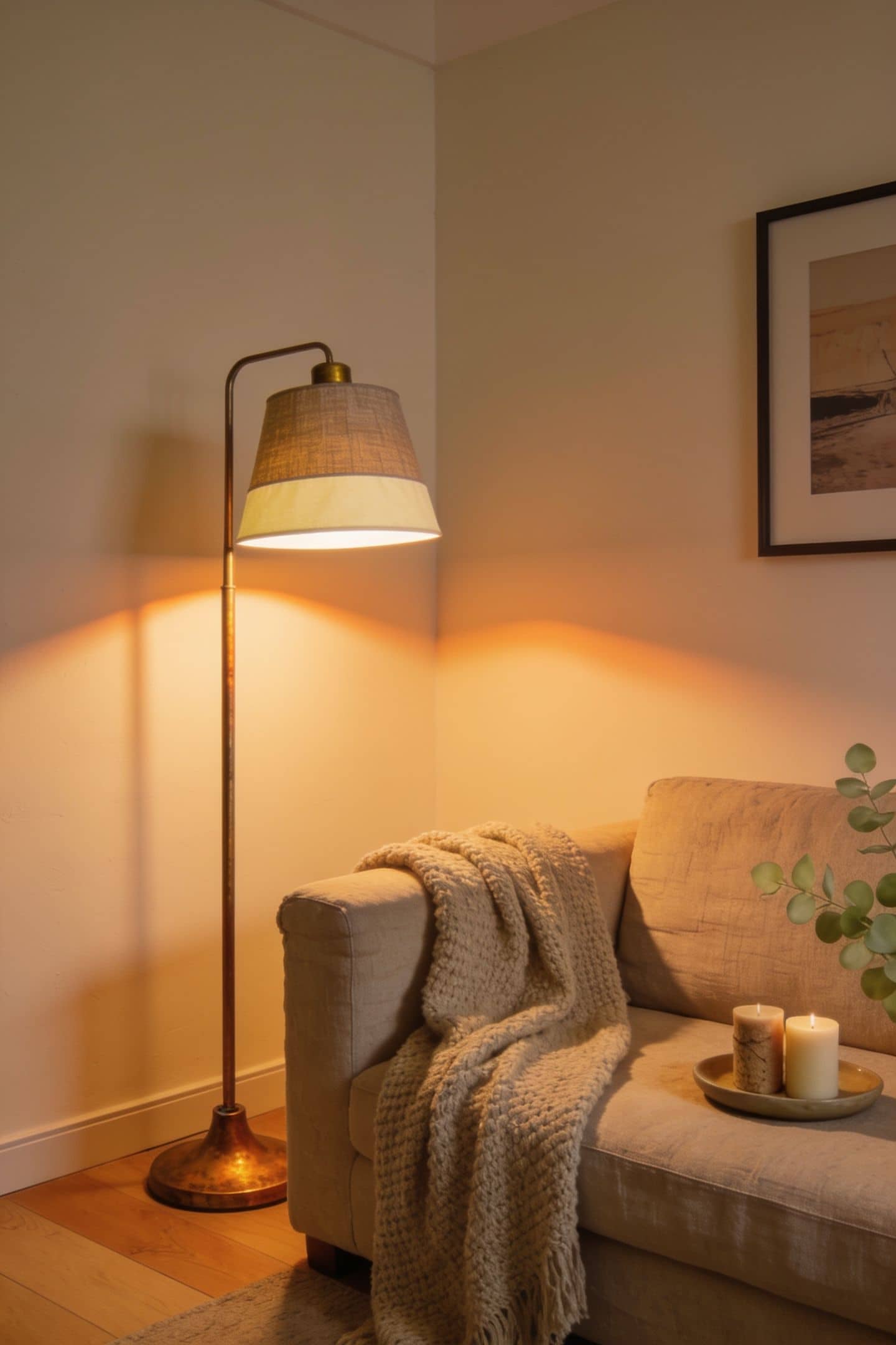 living room lit only by warm lamps with the ceiling light off