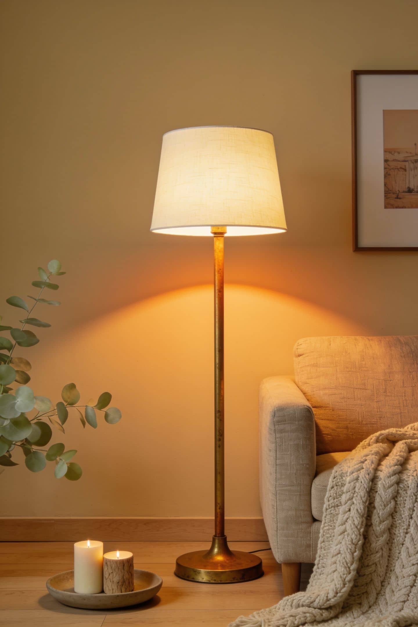living room with a floor lamp, table lamp and candles lit together