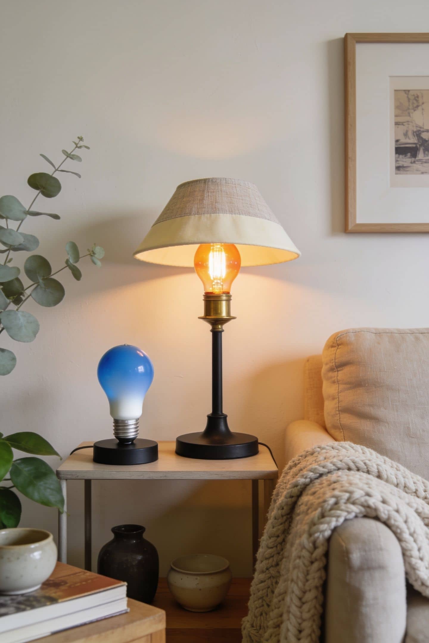 warm 2700K bulb glowing soft amber next to a cool white bulb