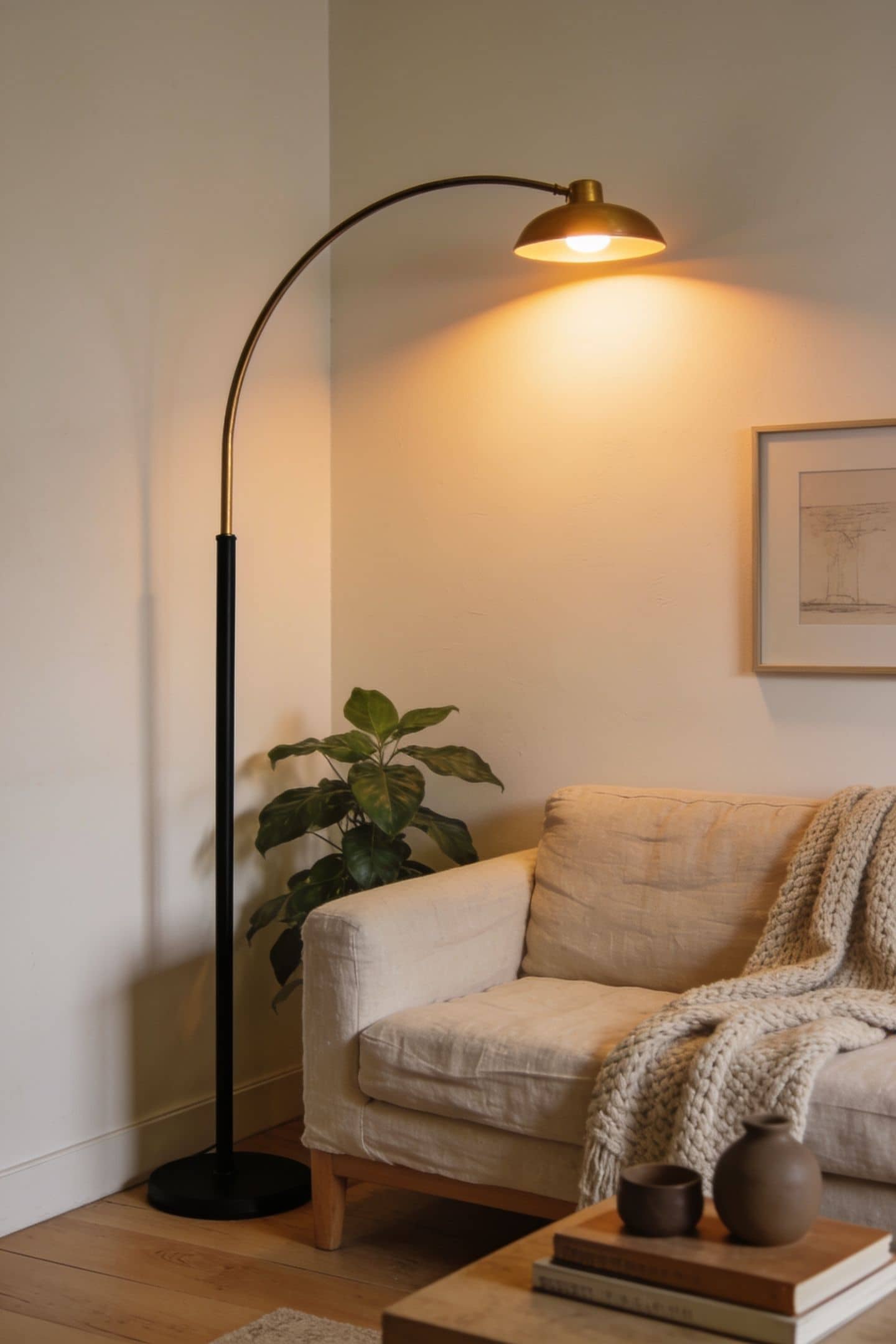 floor lamp glowing warm in a previously dark living room corner