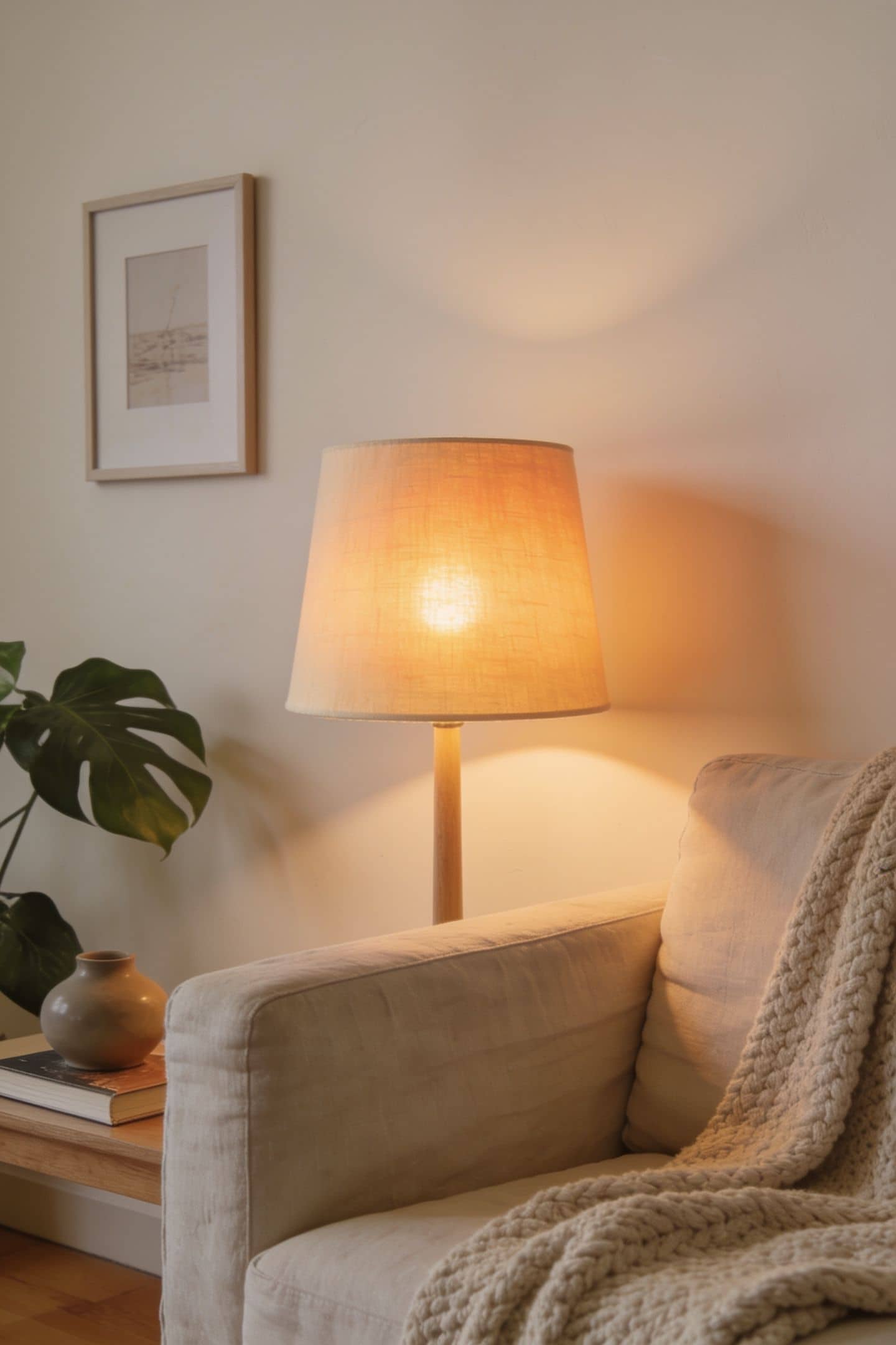 linen lampshade glowing soft and warm on a table lamp
