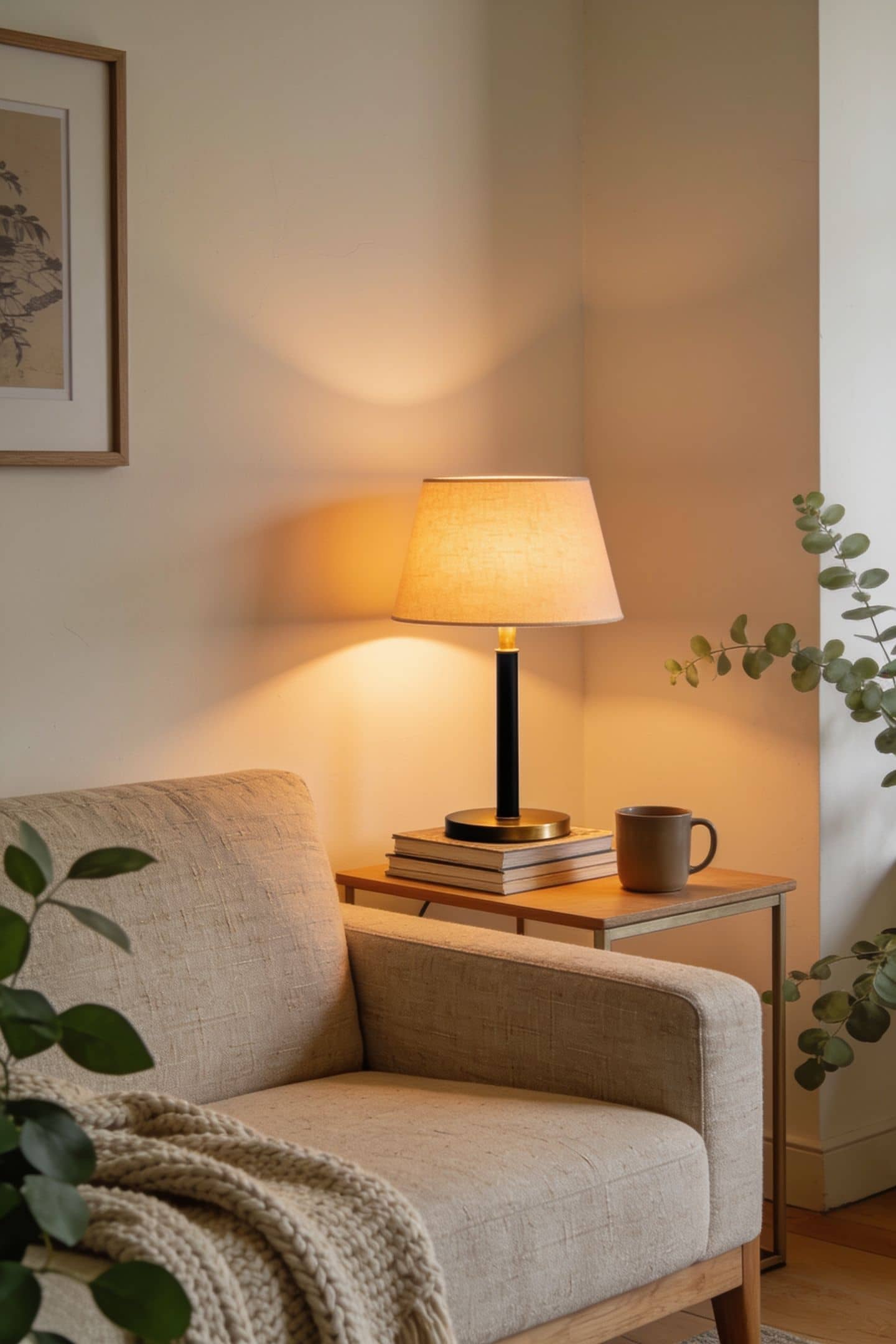 warm table lamp glowing on a side table beside a sofa