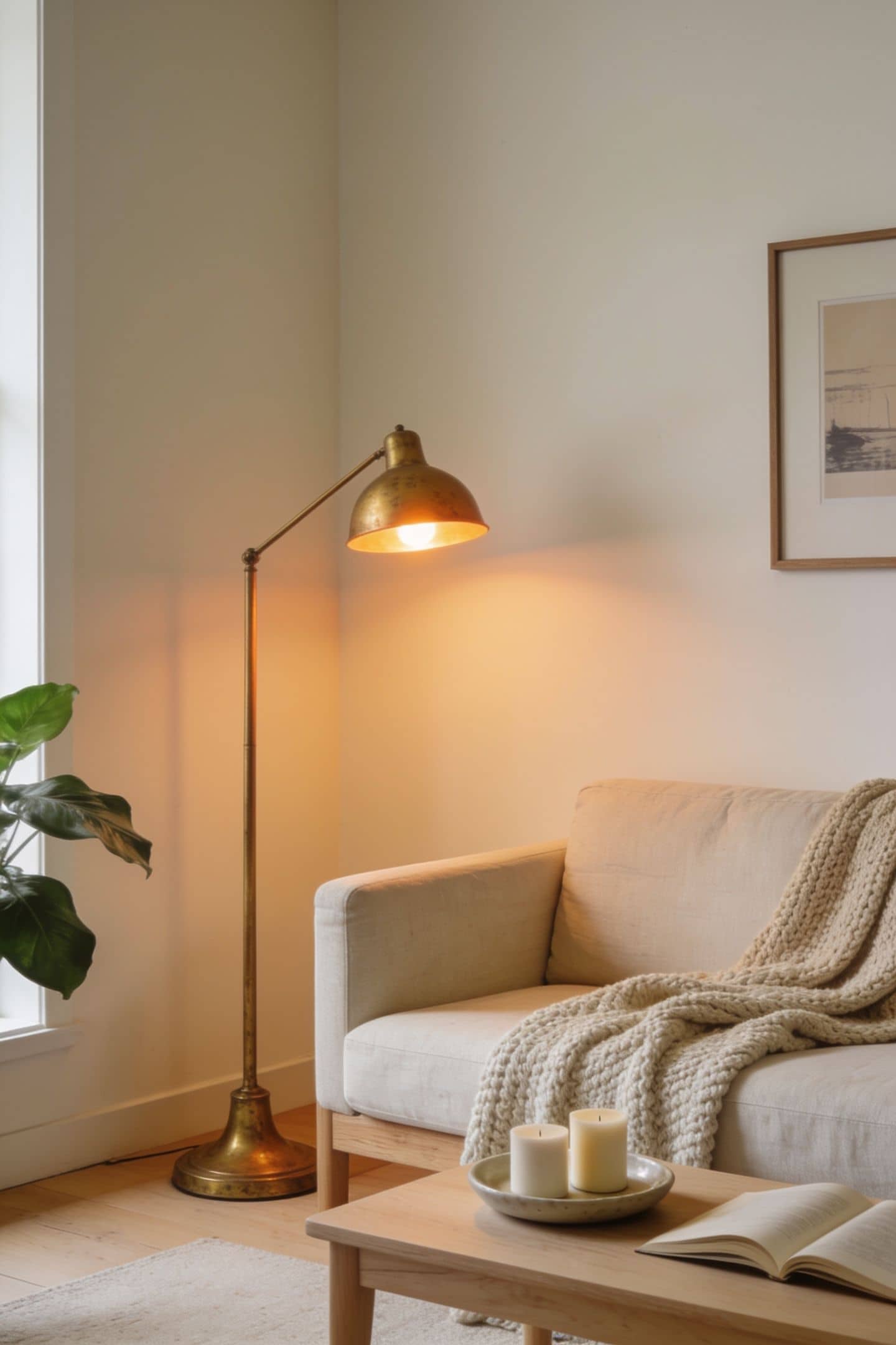 living room with all four corners softly lit by lamps
