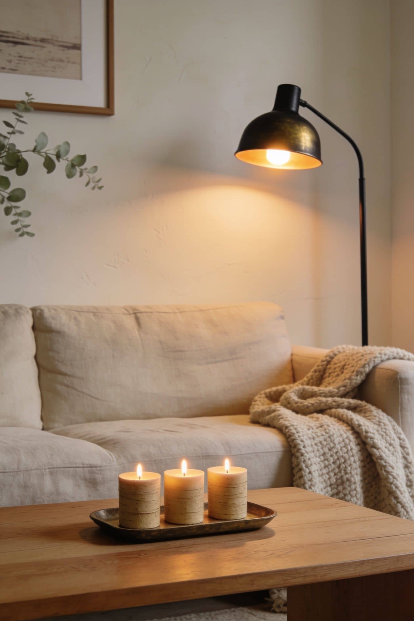 cluster of warm candles glowing low on a coffee table