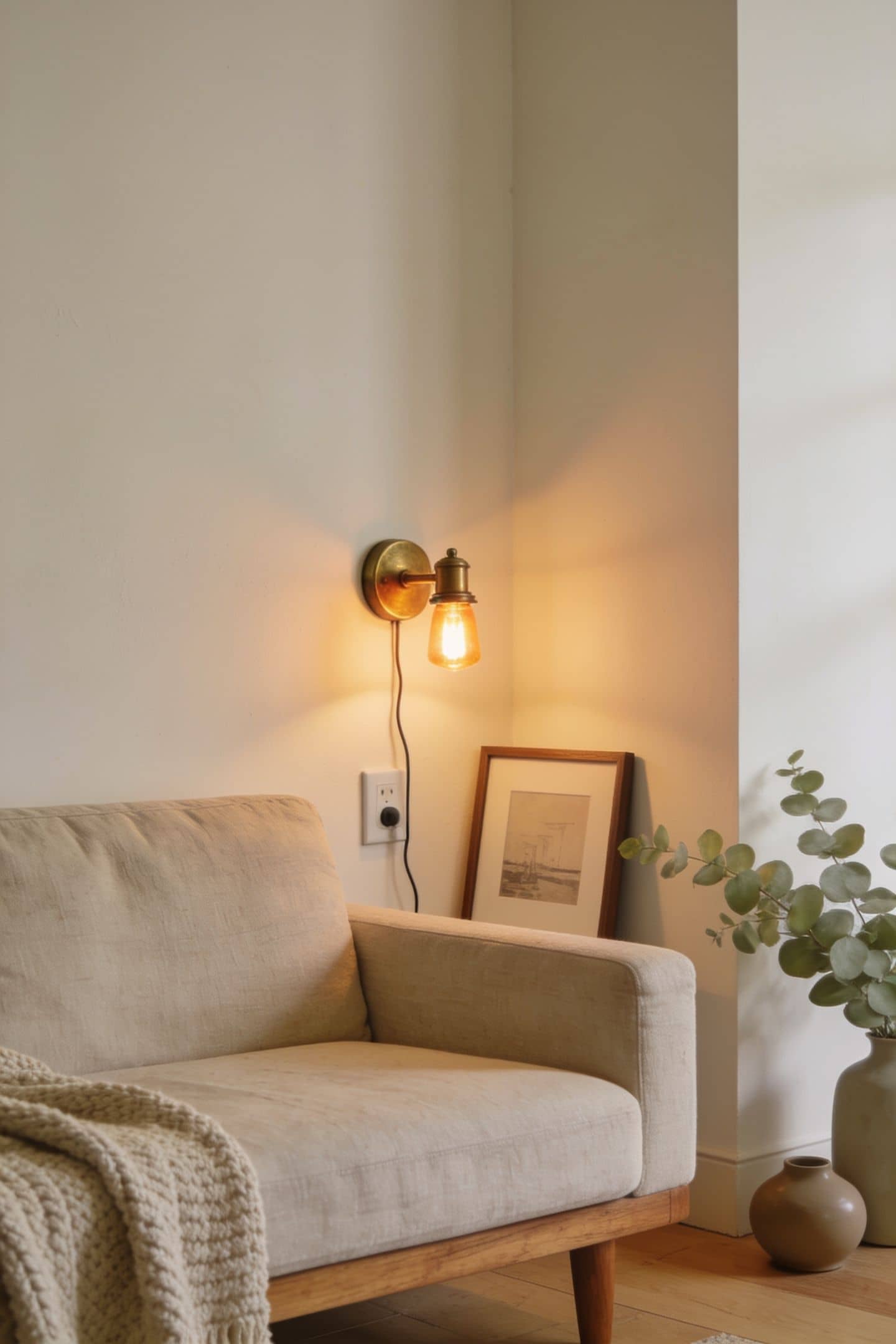 plug-in wall sconce casting a warm glow beside a sofa