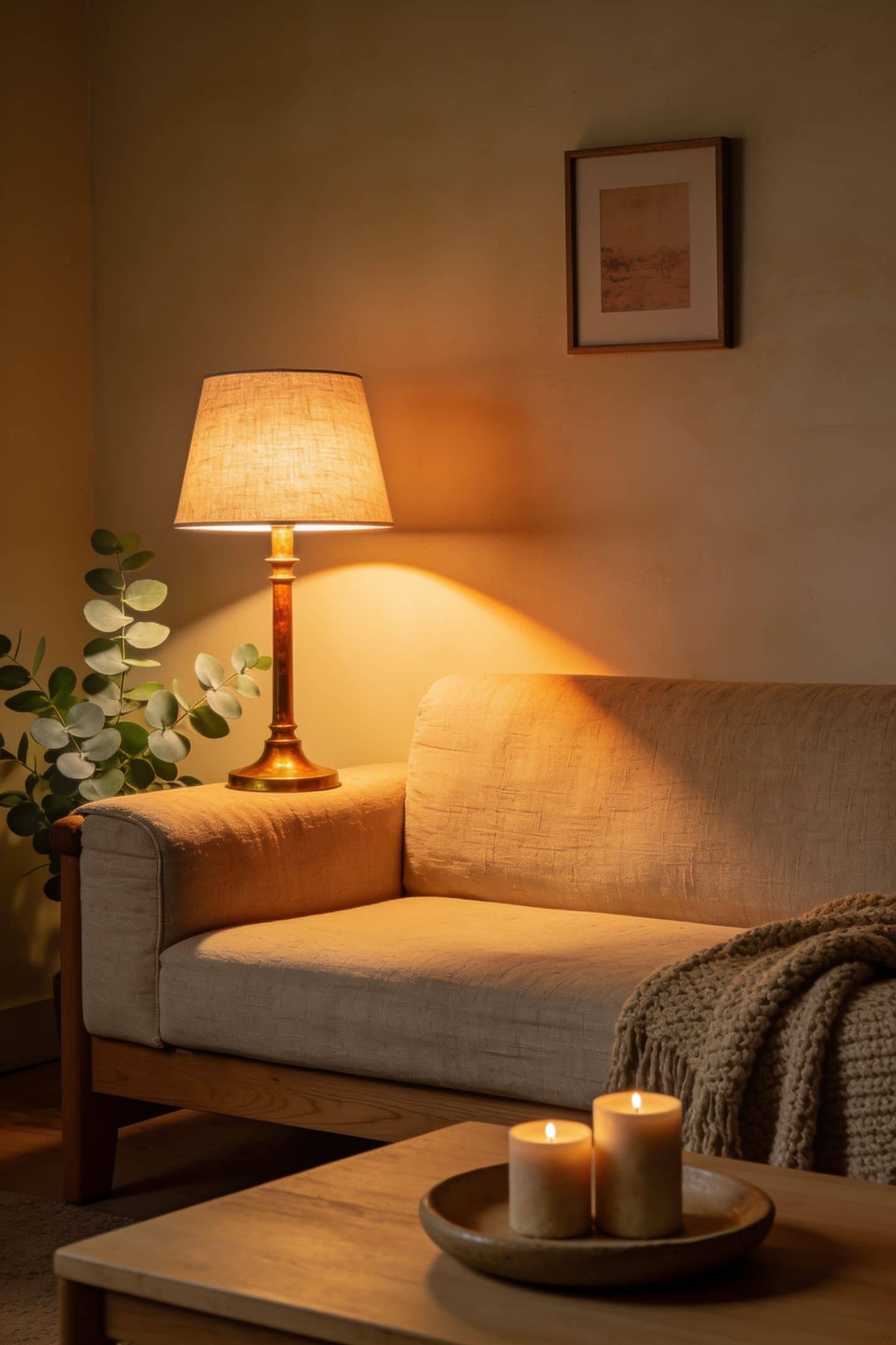 living room lamps glowing warm at dusk turned on automatically