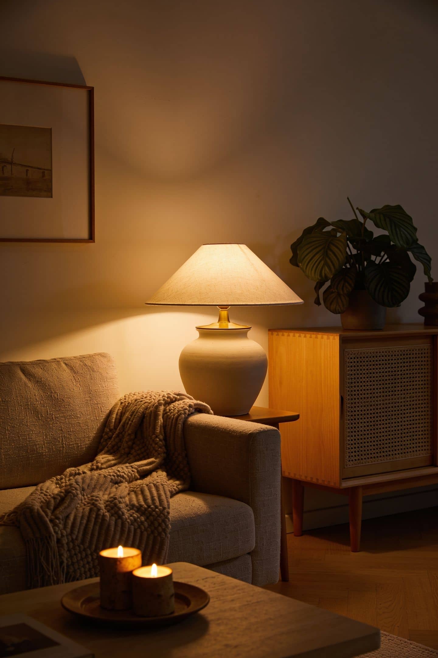 living room dimmed to a low warm amber glow in the evening