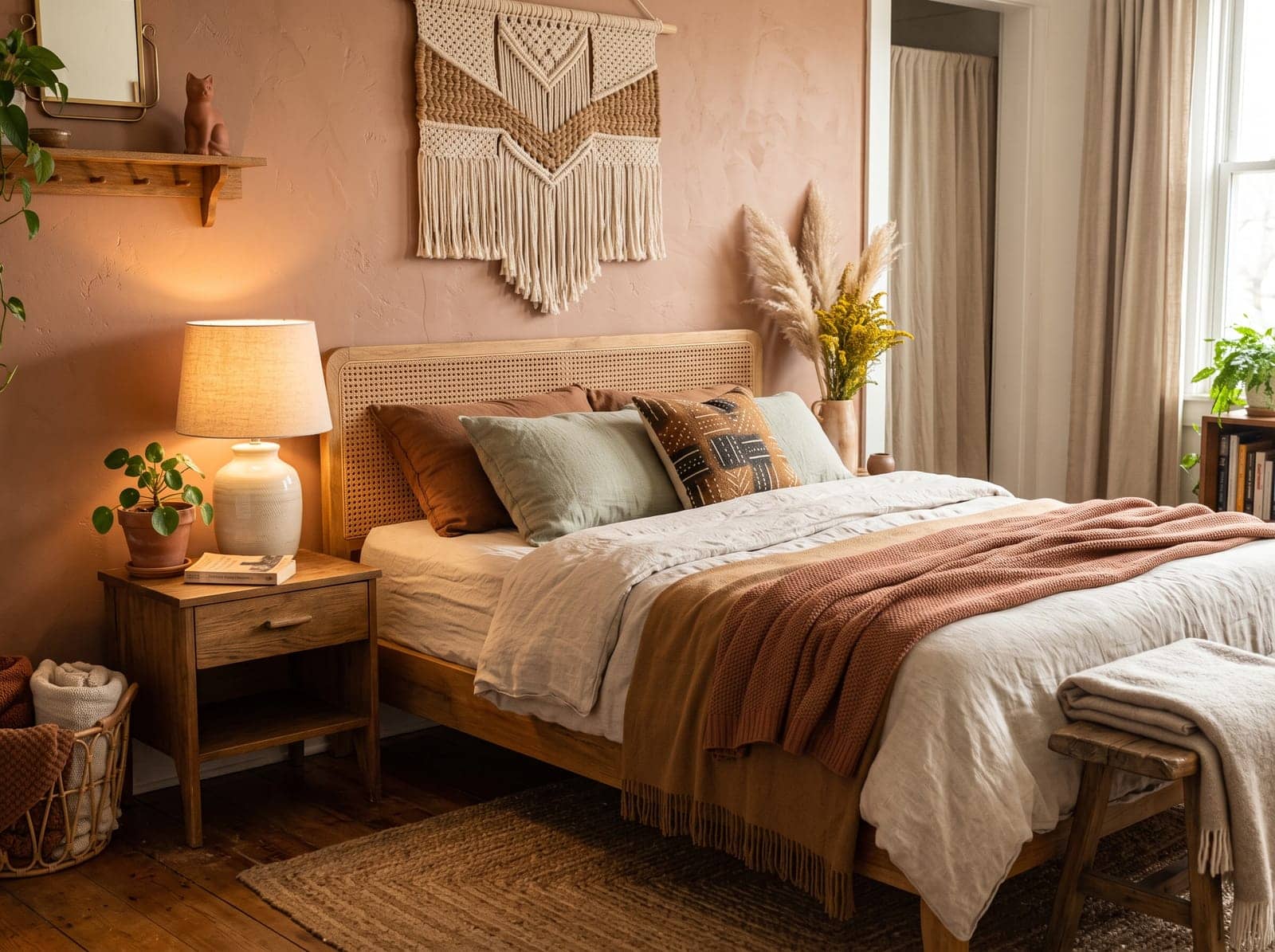 earthy bedroom in warm clay and oatmeal tones, wood and linen, soft daylight
