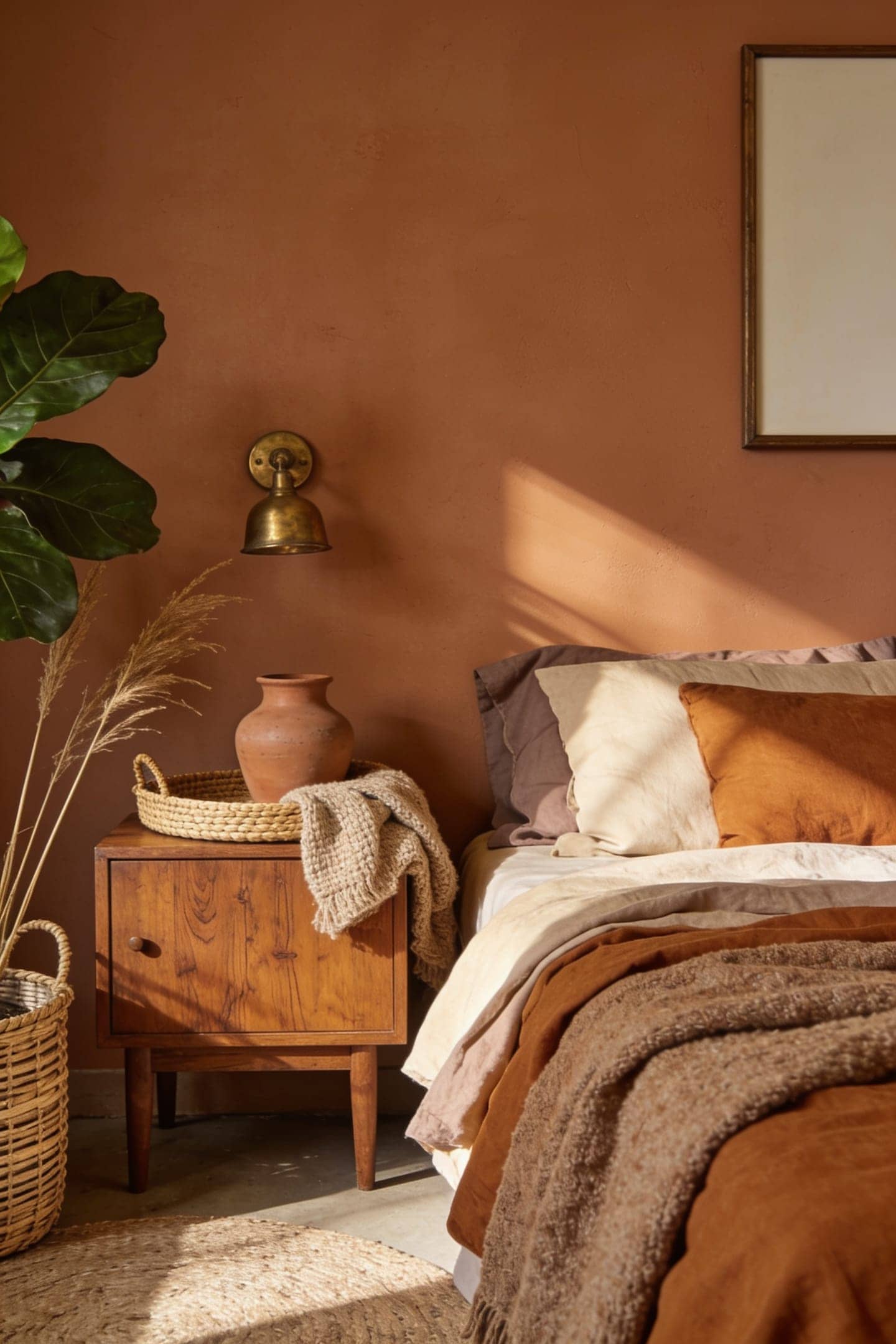 clay, oatmeal, terracotta and warm brown paint swatches on a bedroom wall