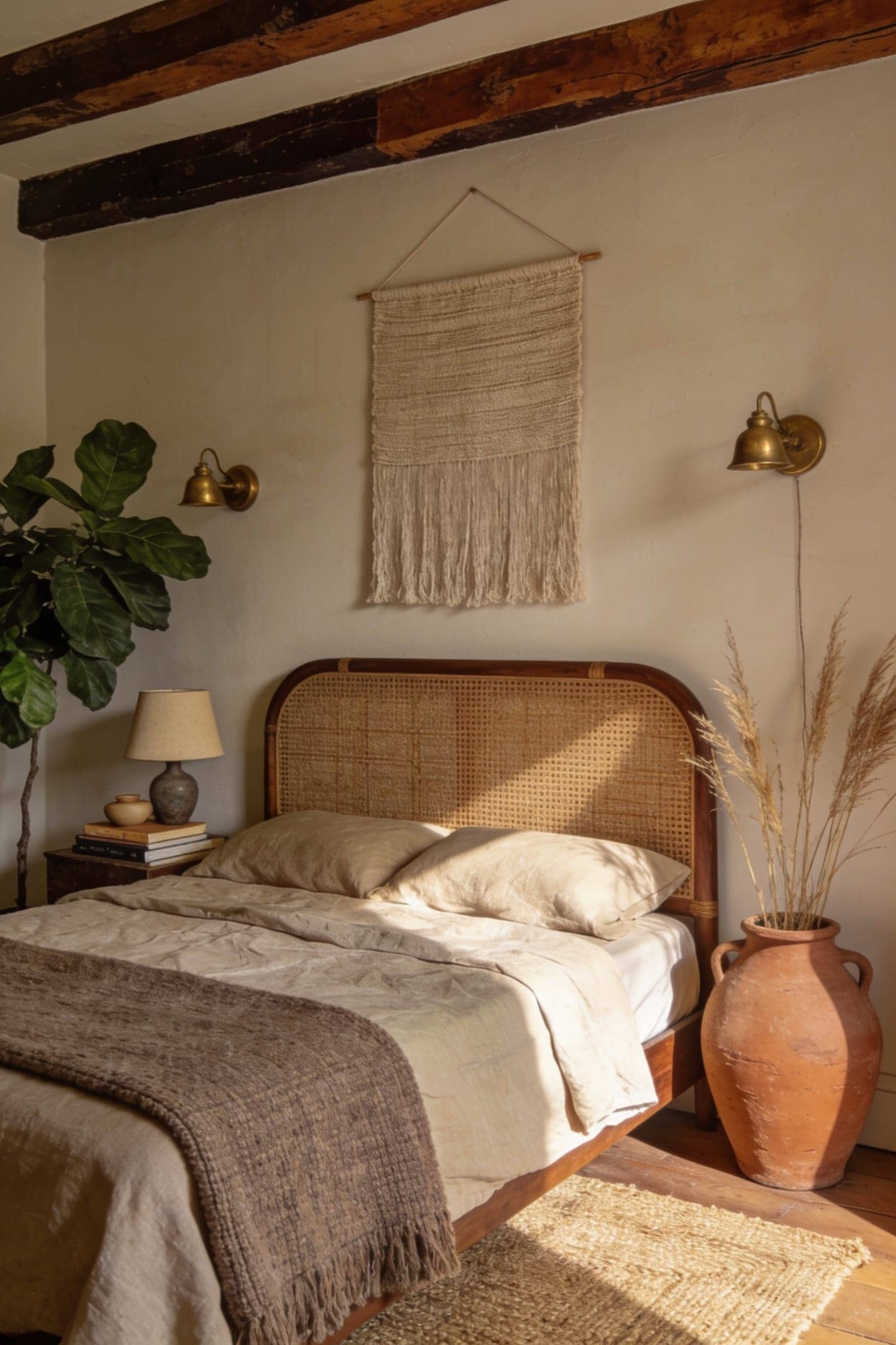 linen, jute, cane and clay textures layered in a warm bedroom