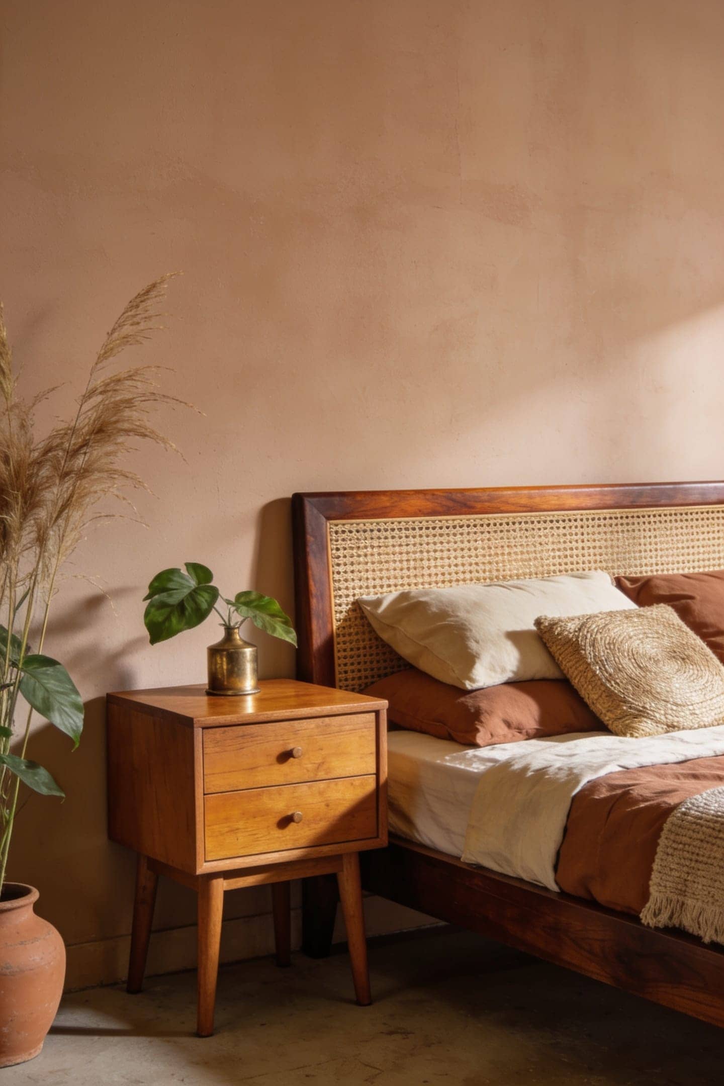 warm oak nightstand and headboard in an earthy bedroom