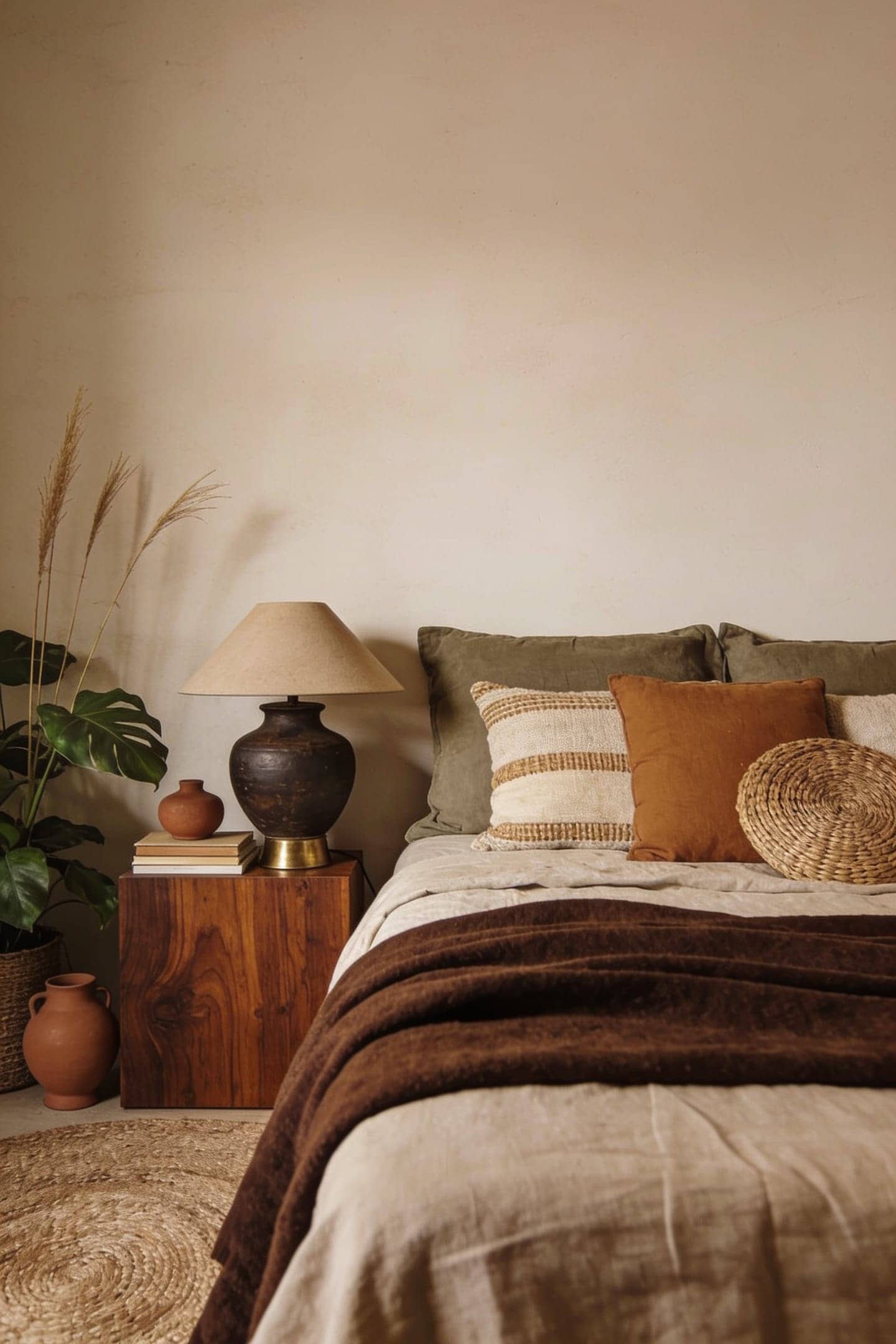 espresso brown throw and dark clay accents anchoring a warm neutral bedroom