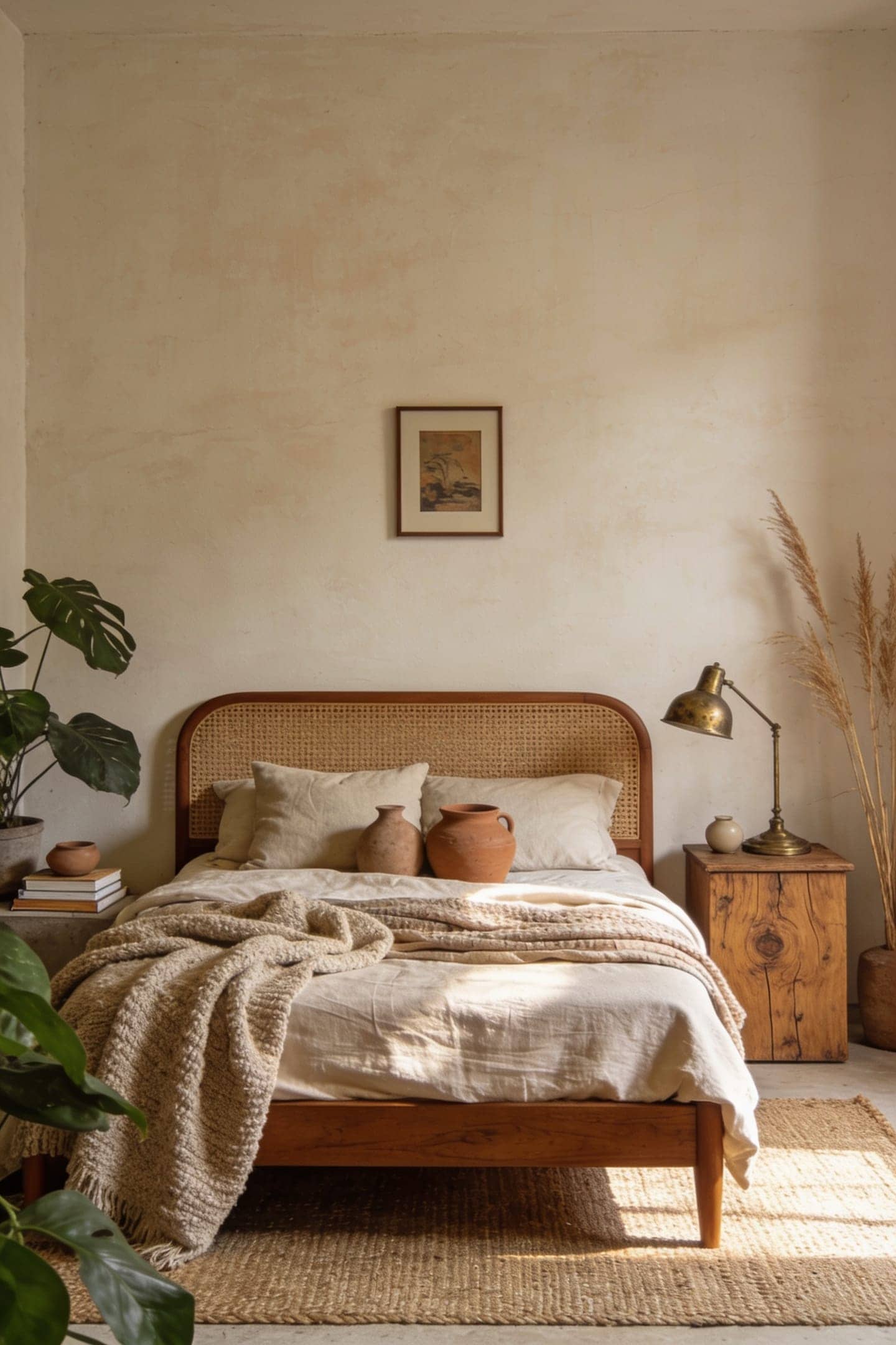 clay-washed warm white bedroom wall behind a wood bed