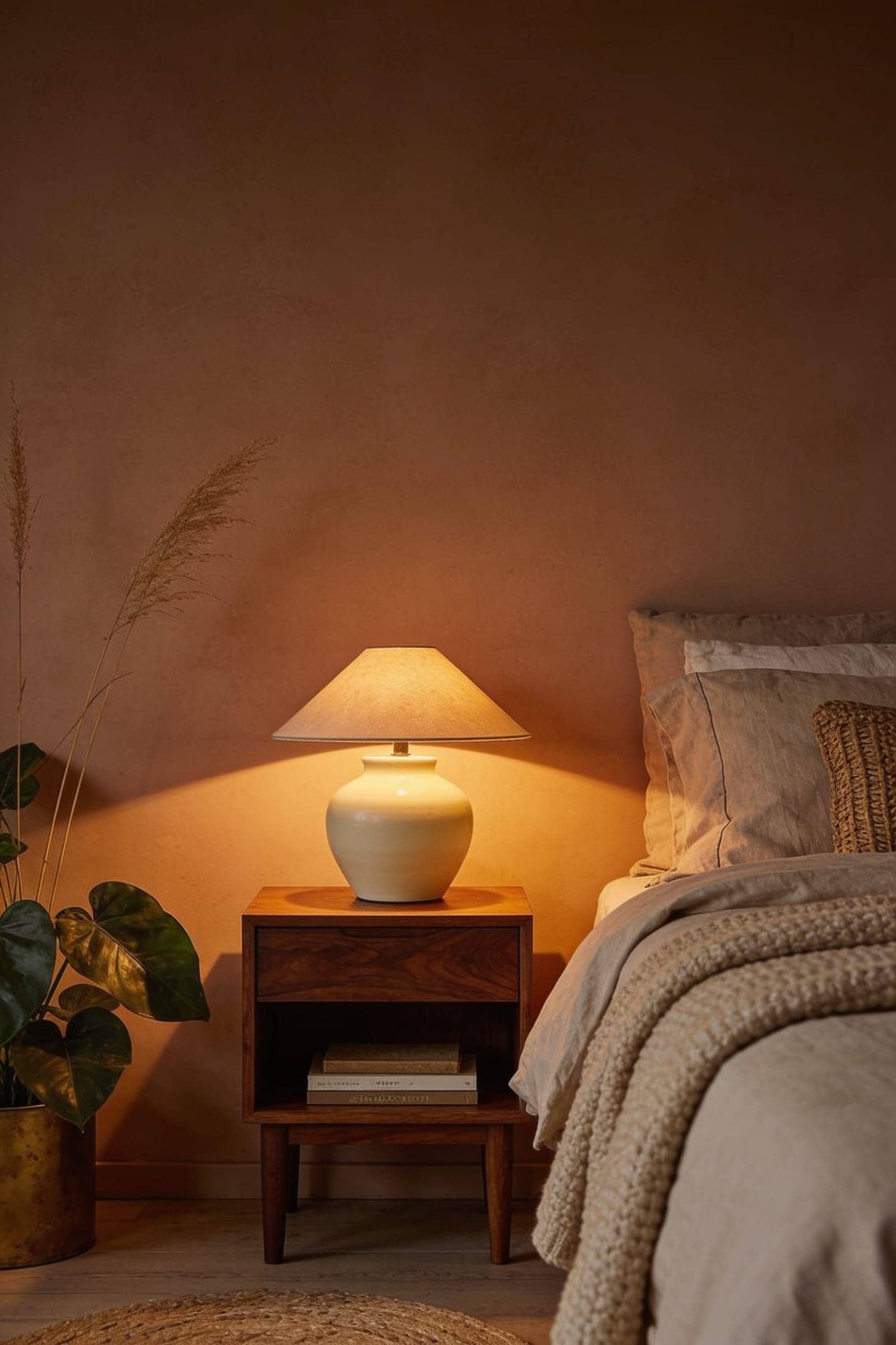 warm clay table lamp glowing low on a wood nightstand at dusk