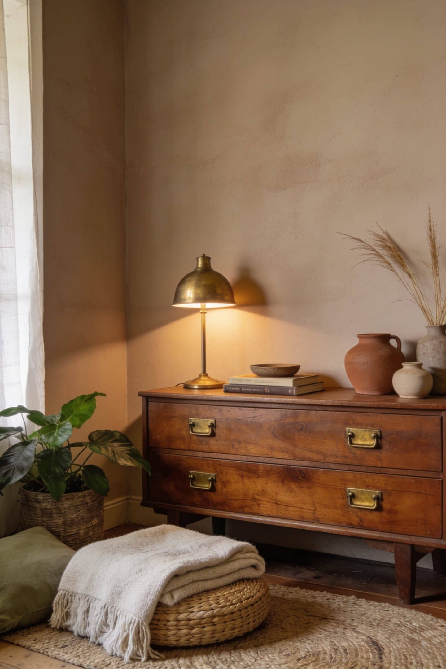 aged brass drawer pulls and a bronze lamp against warm neutral walls