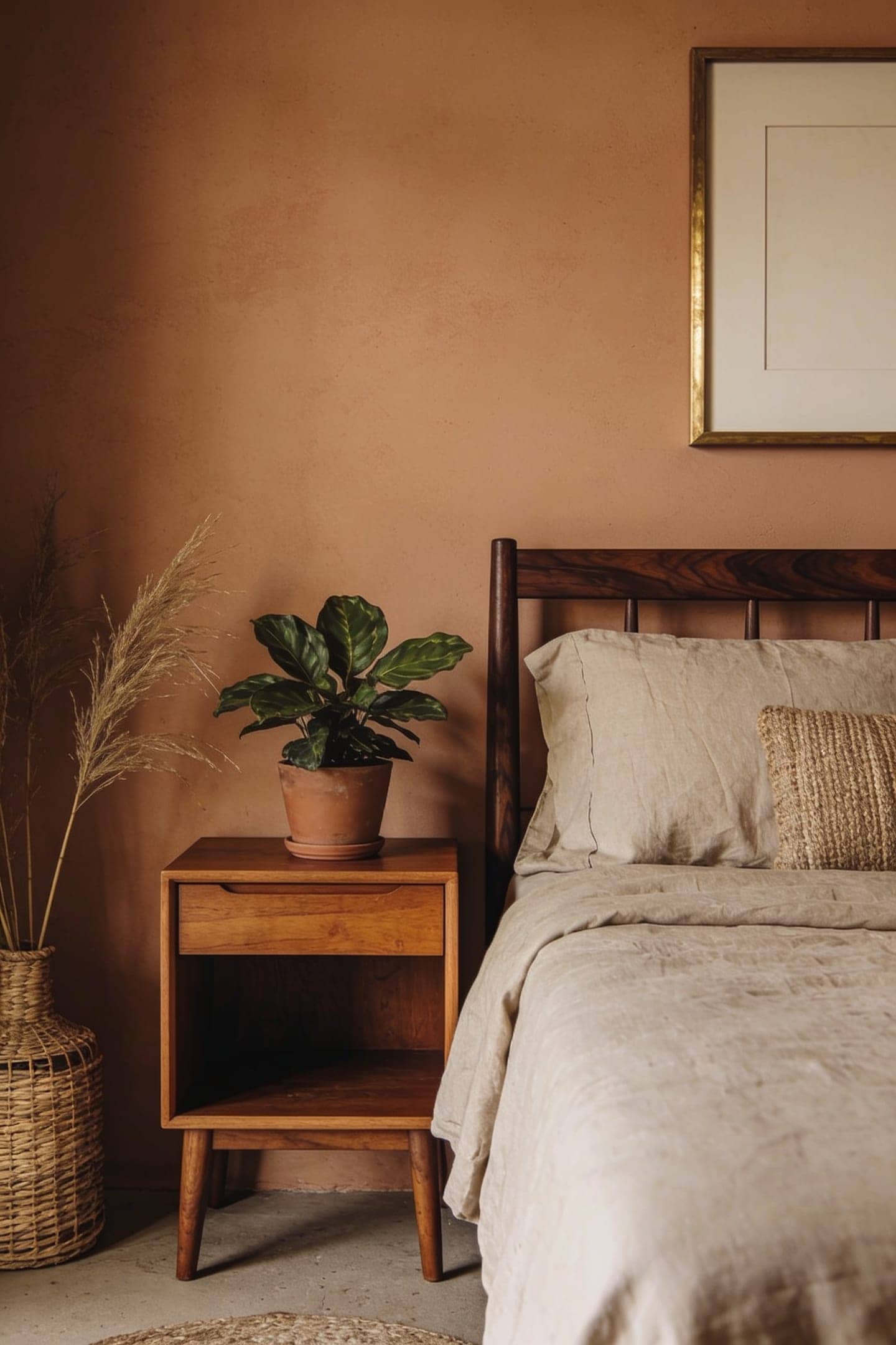 pared-back earthy bedroom with negative space, one focal point, warm and calm