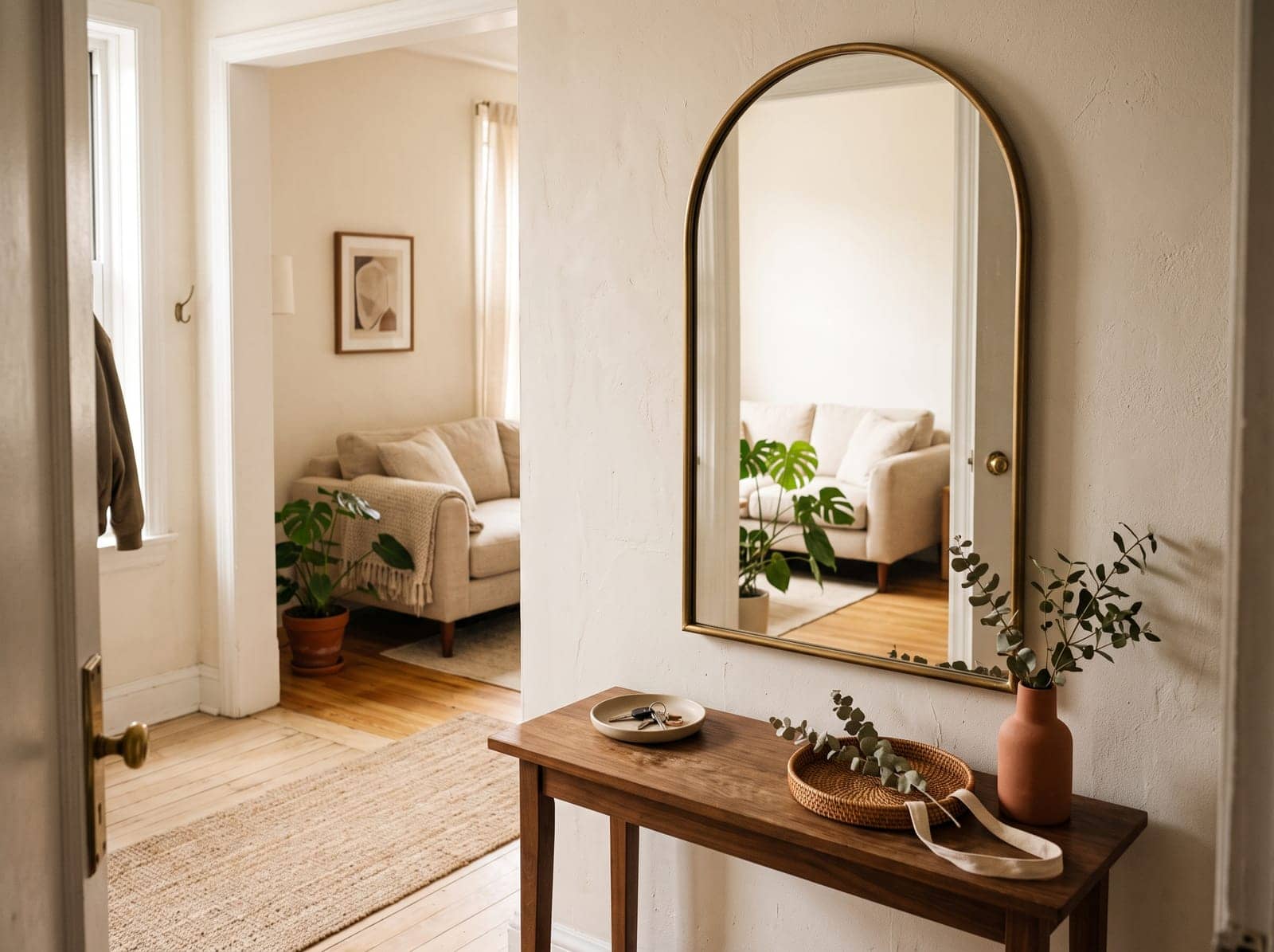 arched mirror above a narrow console in a warm apartment entryway