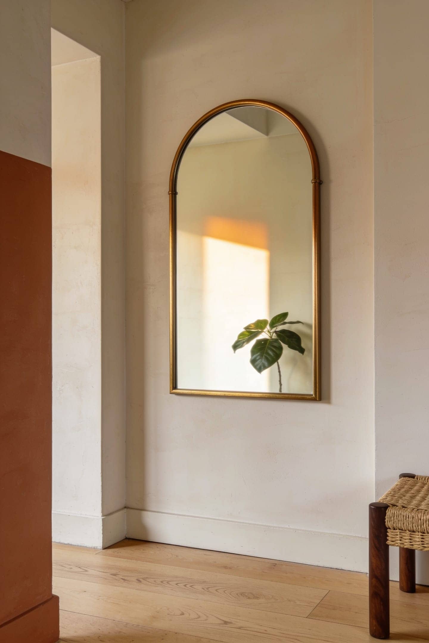 mirror in an entryway reflecting a bright living room window across the hall
