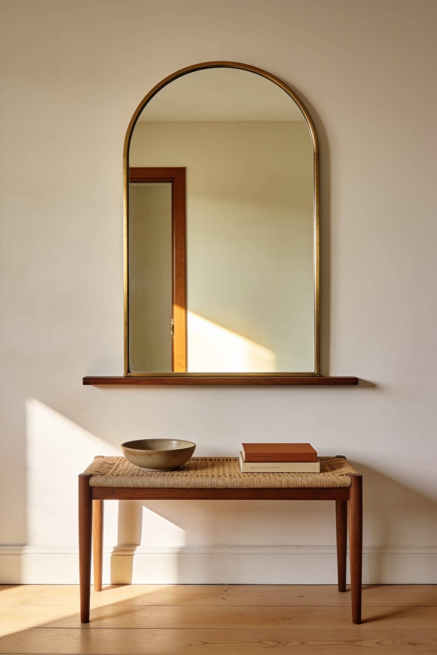 mirror hung at eye level above a slim entry console showing a person height reflection