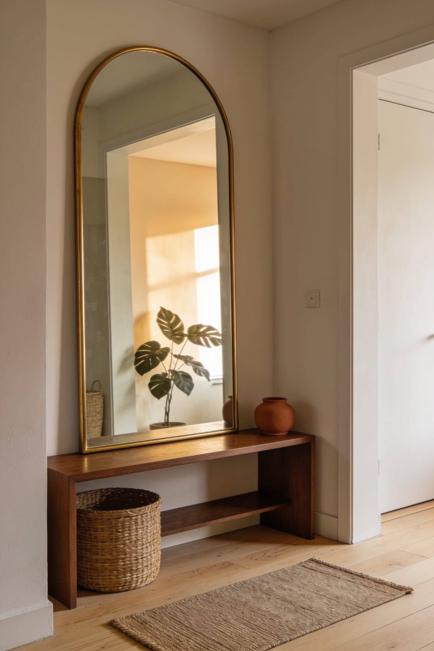 oversized arched mirror above a narrow console in a small entryway