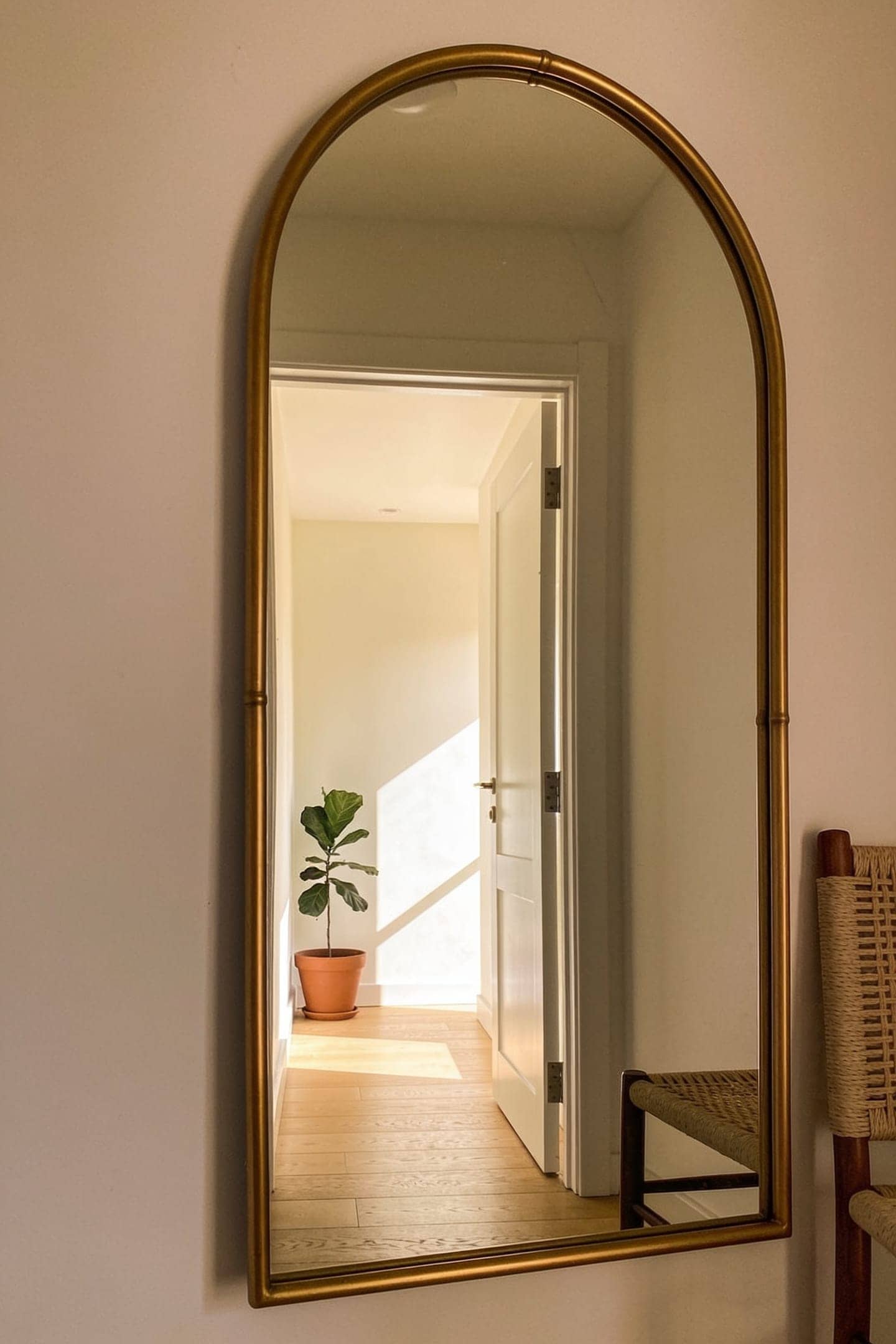 entry mirror on a wall opposite a sunny doorway bouncing daylight into a dark hall