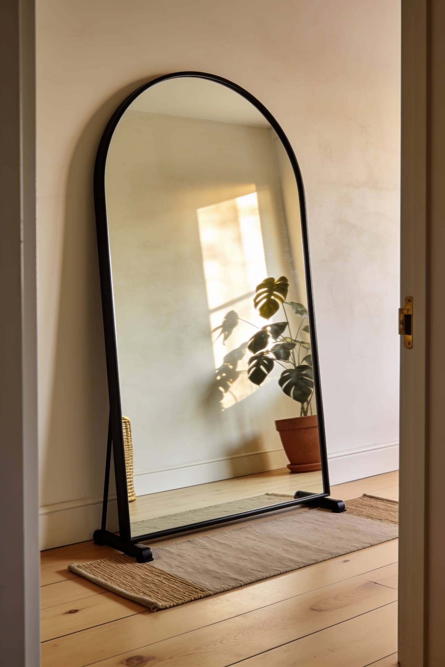 large mirror leaning against an entry wall behind a runner and a pair of shoes