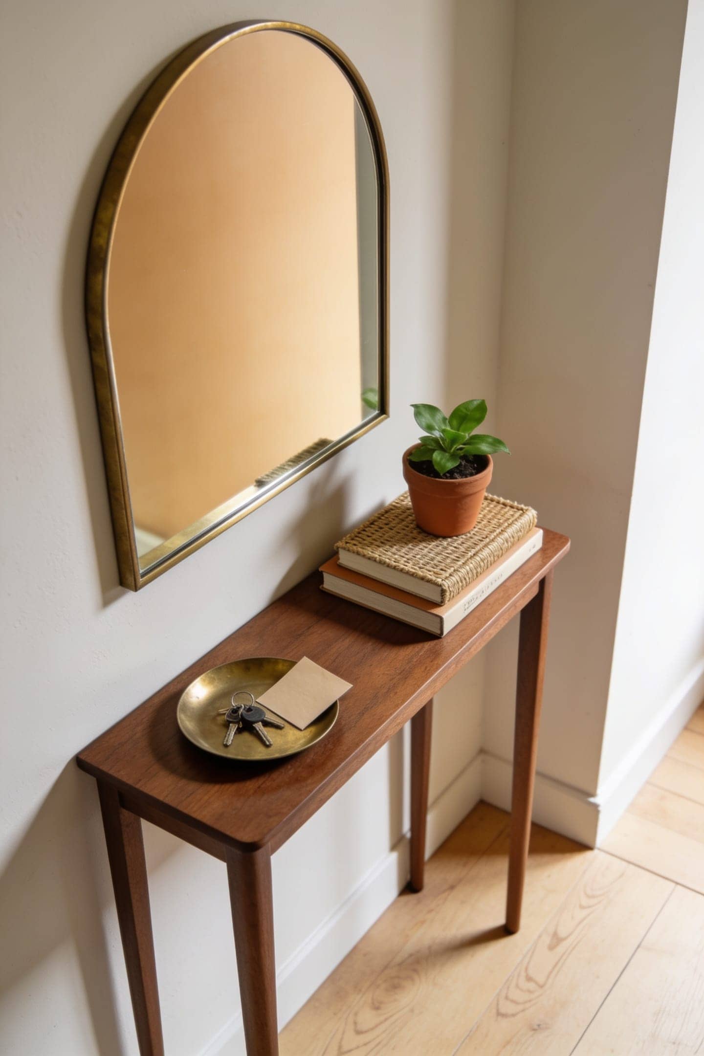 small brass tray with keys under a mirror on an entry console