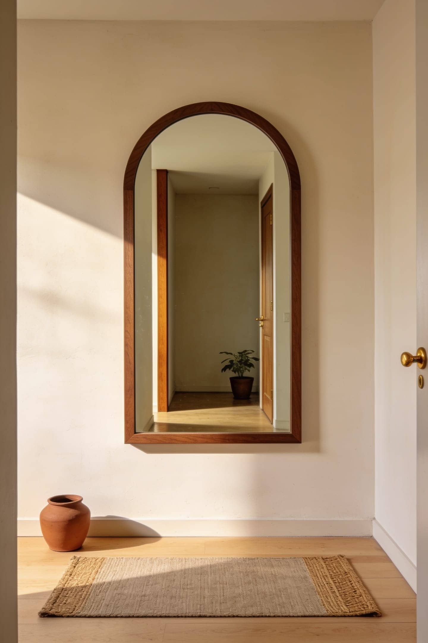 framed mirror hung securely on an entry wall above a runner