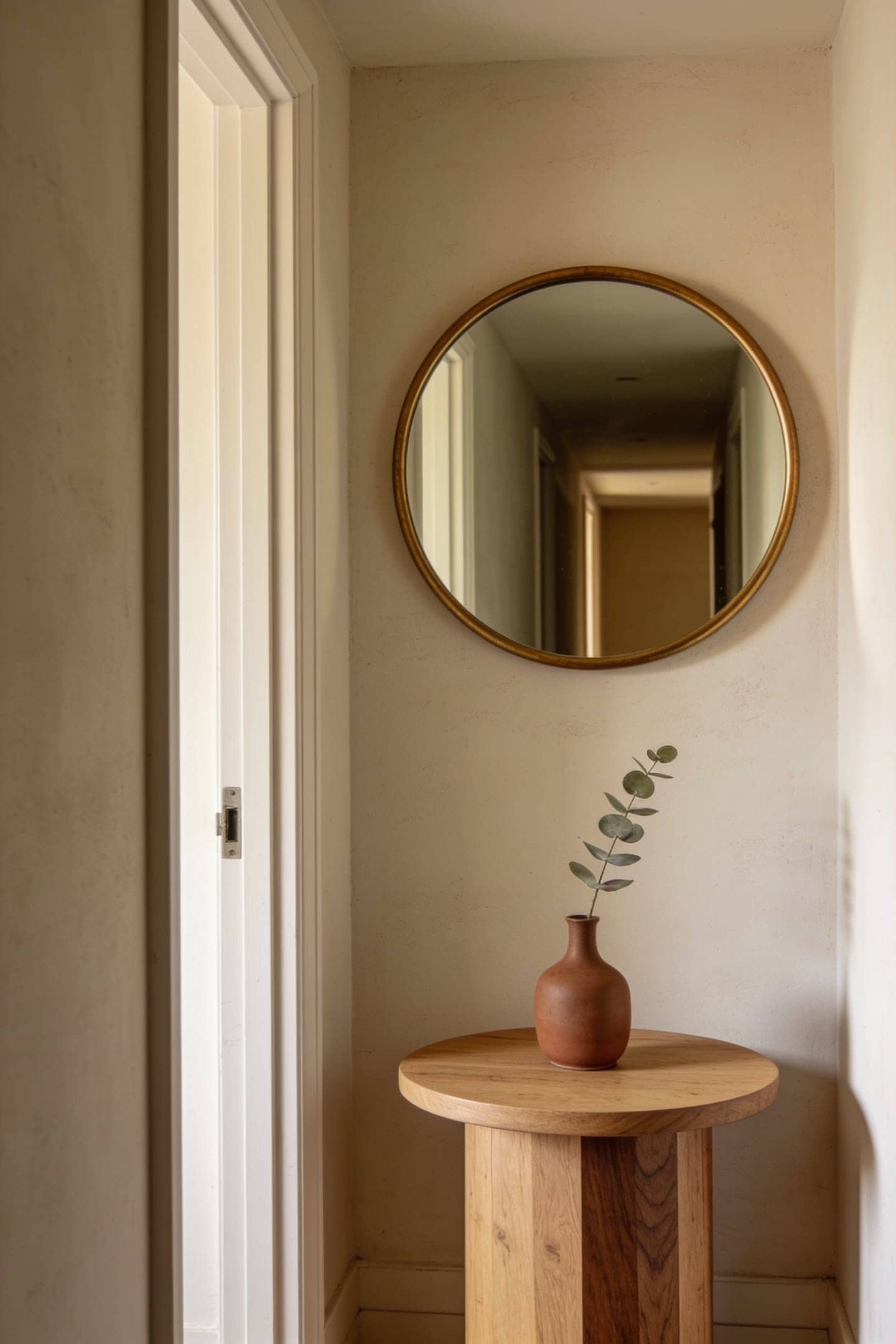 round mirror above a slim entry table in a narrow hallway