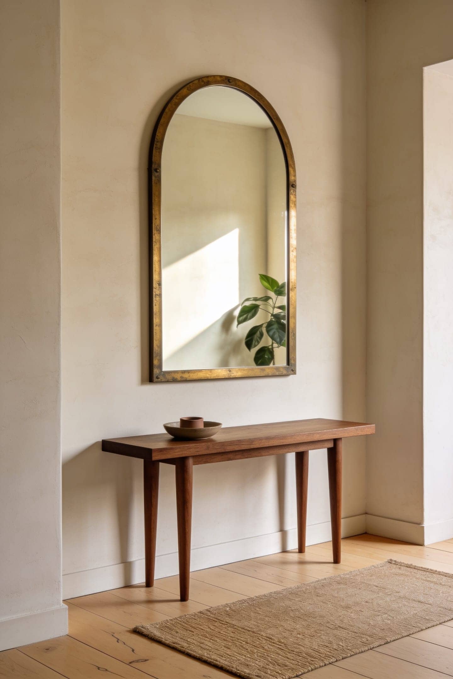tidy entry corner with a mirror reflecting a plant and a clear surface