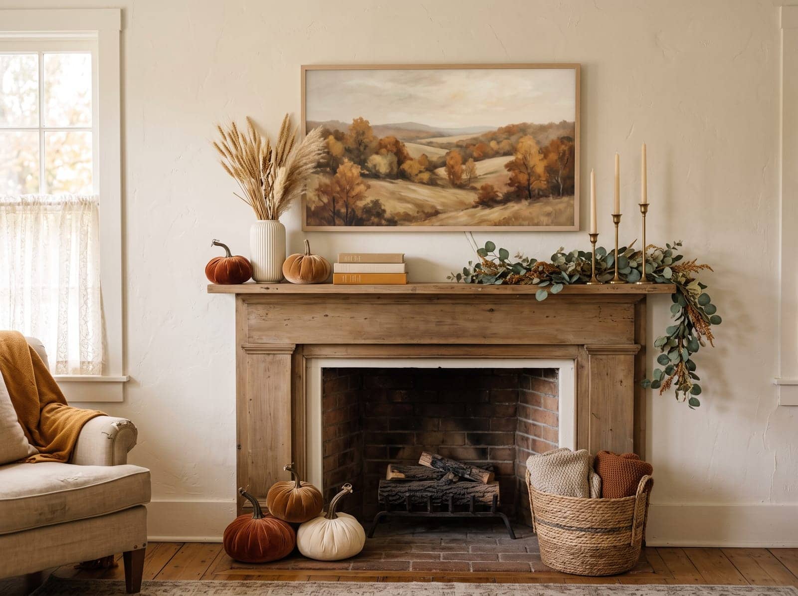 styled fall mantel with a leaning frame, vase cluster and brass candlesticks