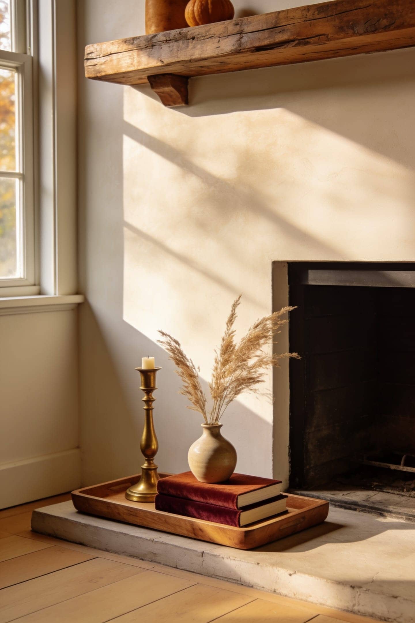 bare mantel above a fireplace in warm afternoon light