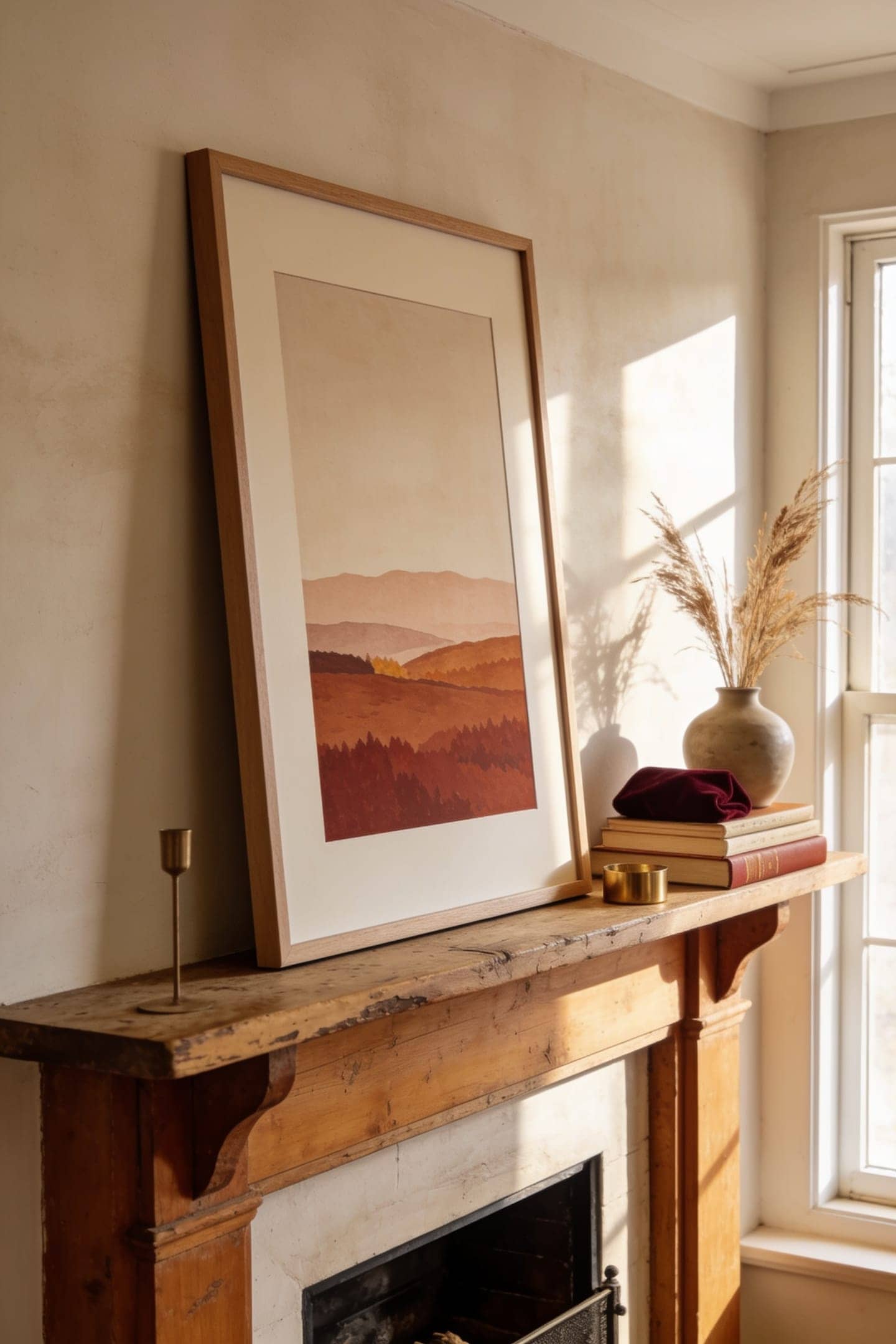 large framed art leaning against the wall on a mantel