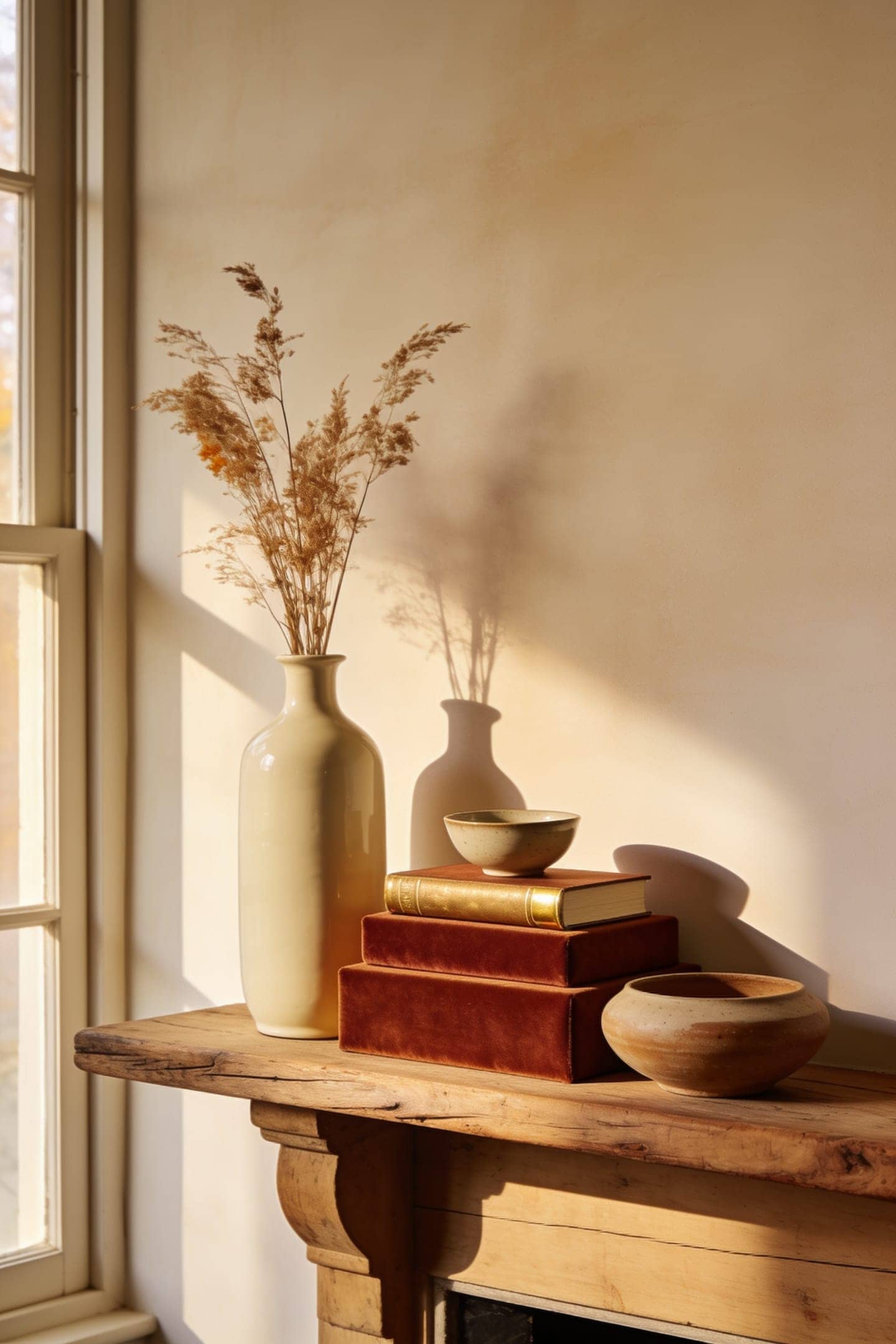 mantel objects at staggered heights forming a skyline silhouette