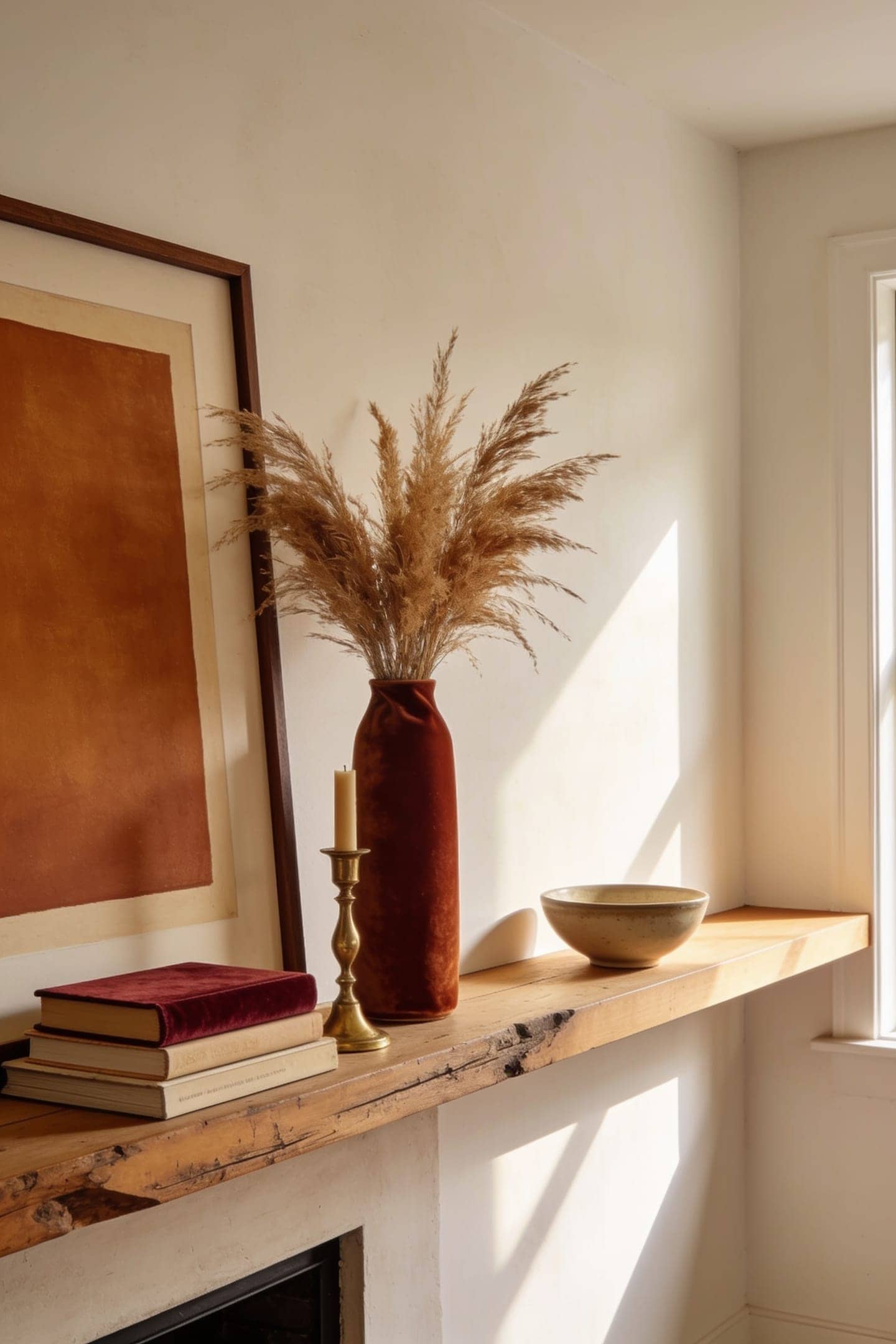 asymmetric mantel with a cluster on the left and a single low object on the right