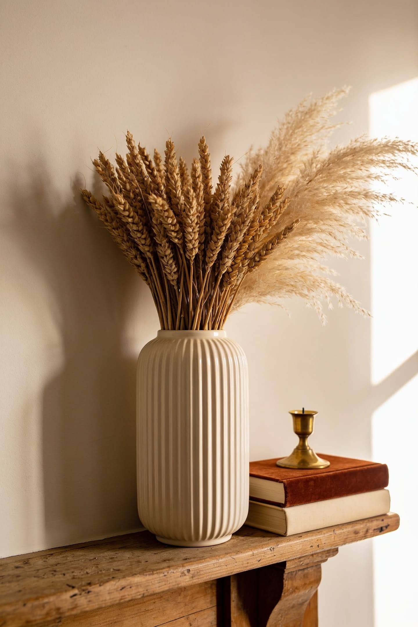 ribbed ceramic vase with dried stems anchoring a mantel cluster