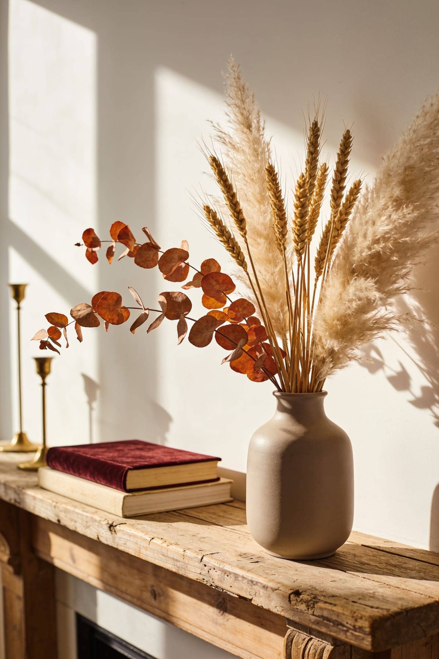 dried wheat and pampas stems in a vase on a warm mantel