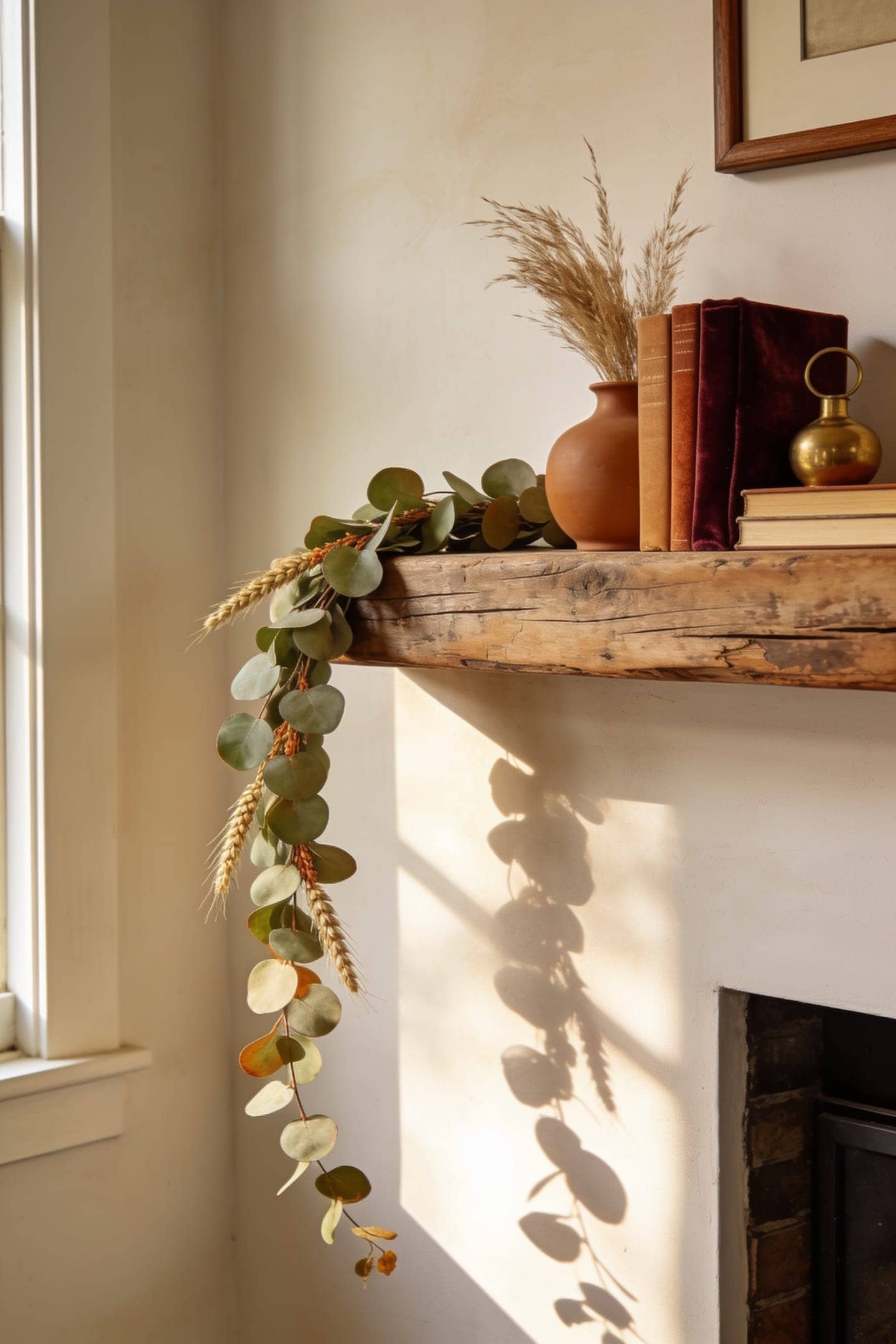 eucalyptus garland draped across one side of a mantel
