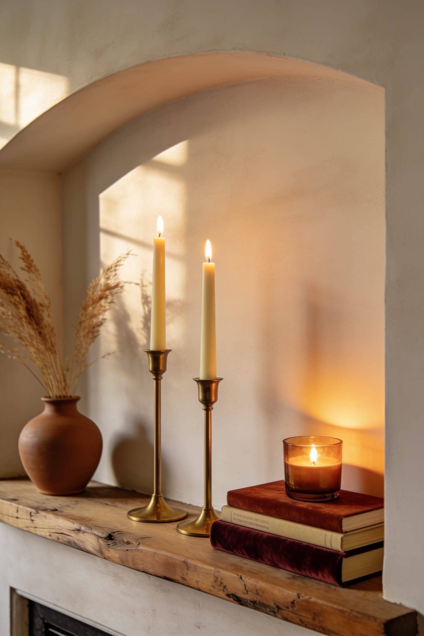 brass taper candlesticks and small candles glowing on a mantel at dusk