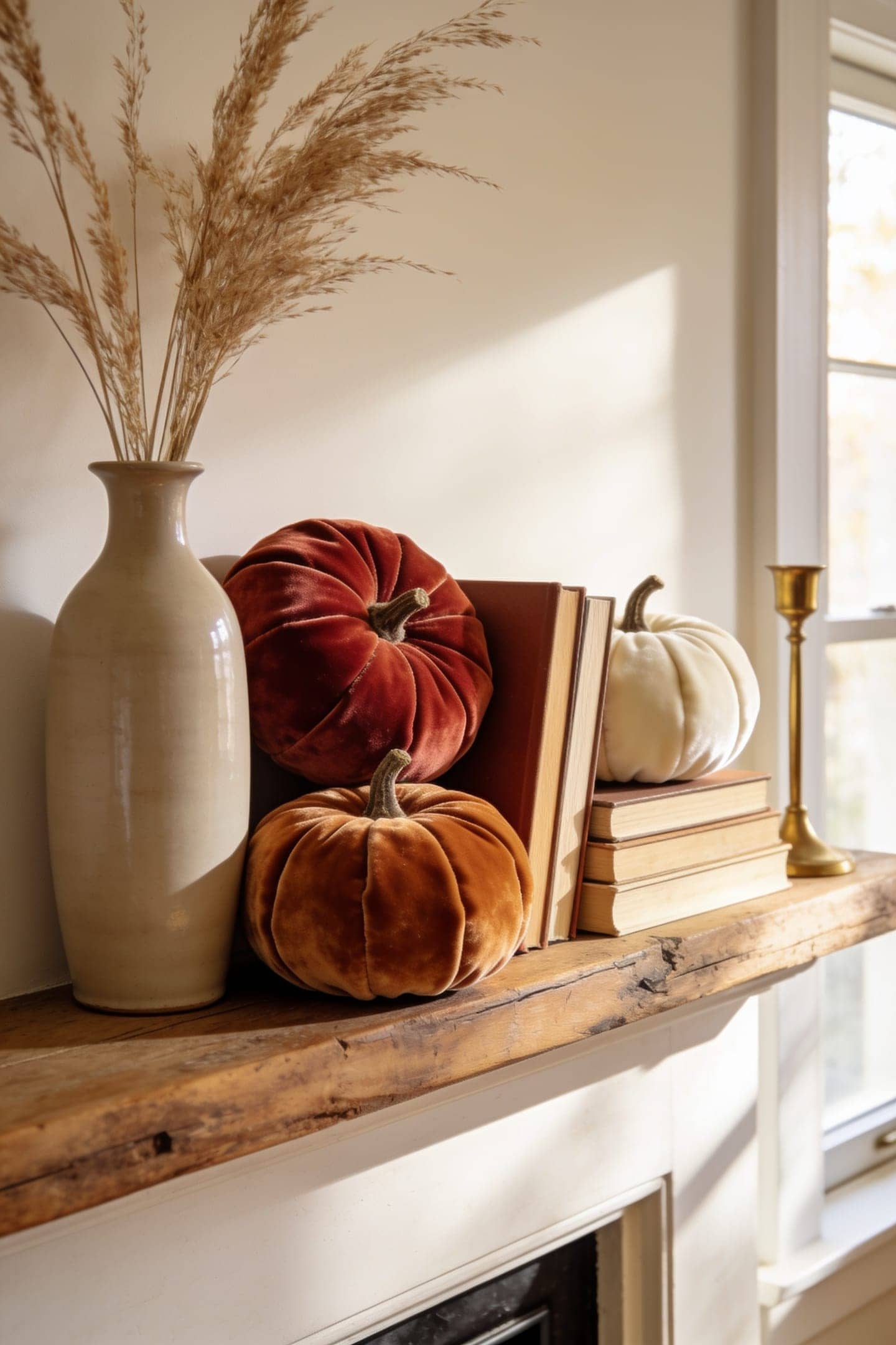 velvet pumpkins tucked between objects in a mantel cluster