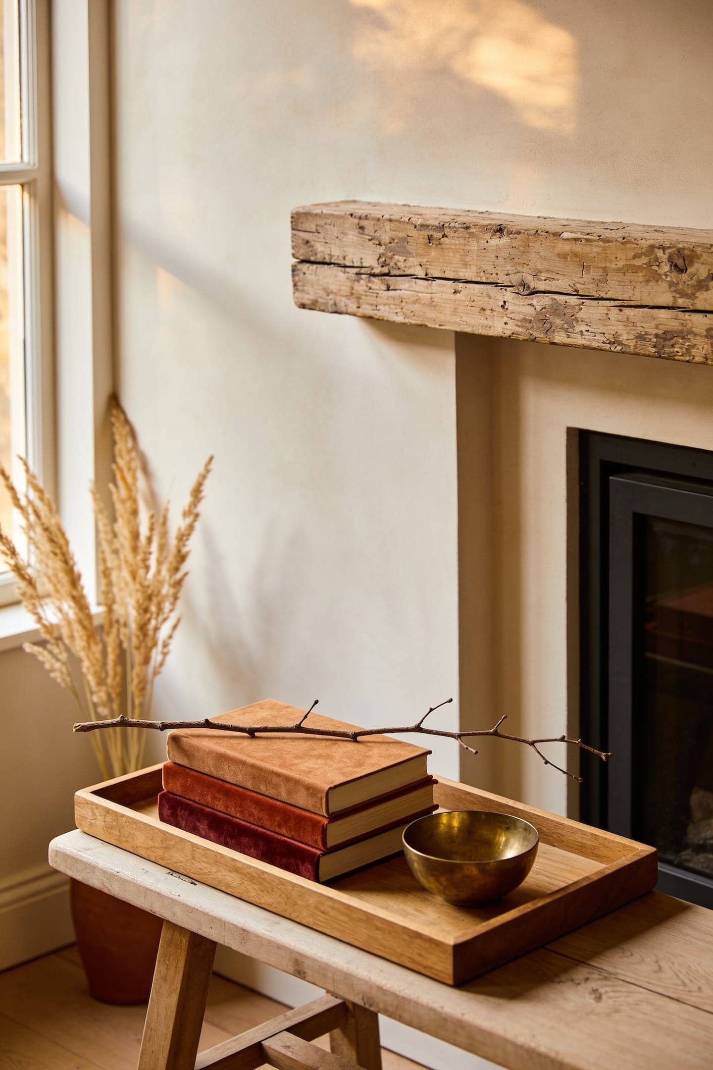 stack of books brass bowl and found branch styled on a mantel