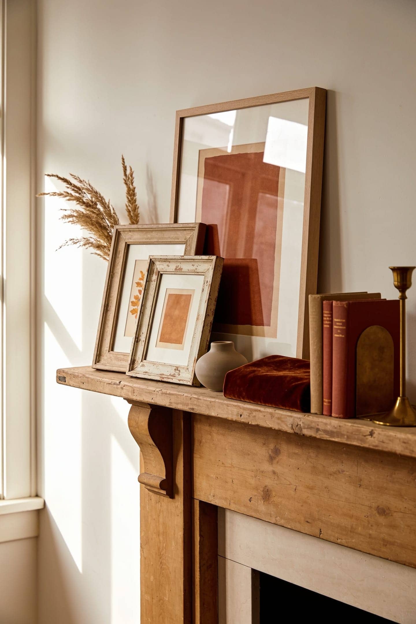 two small frames overlapping a large leaning artwork on a mantel