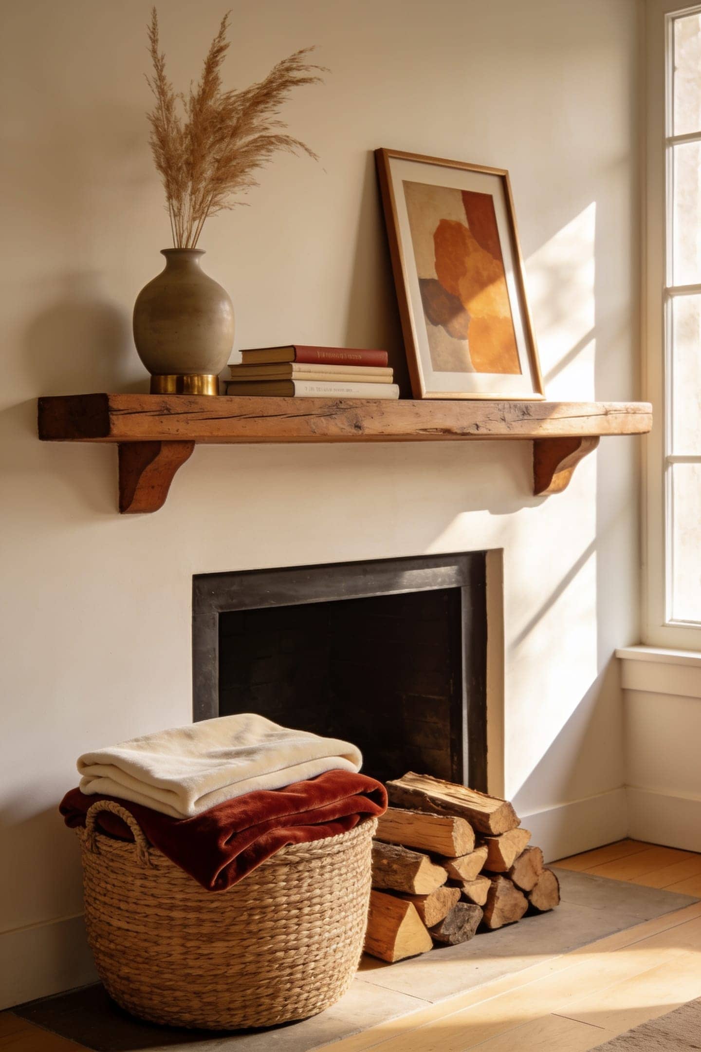 woven basket of throws and a lantern on the hearth below a styled mantel