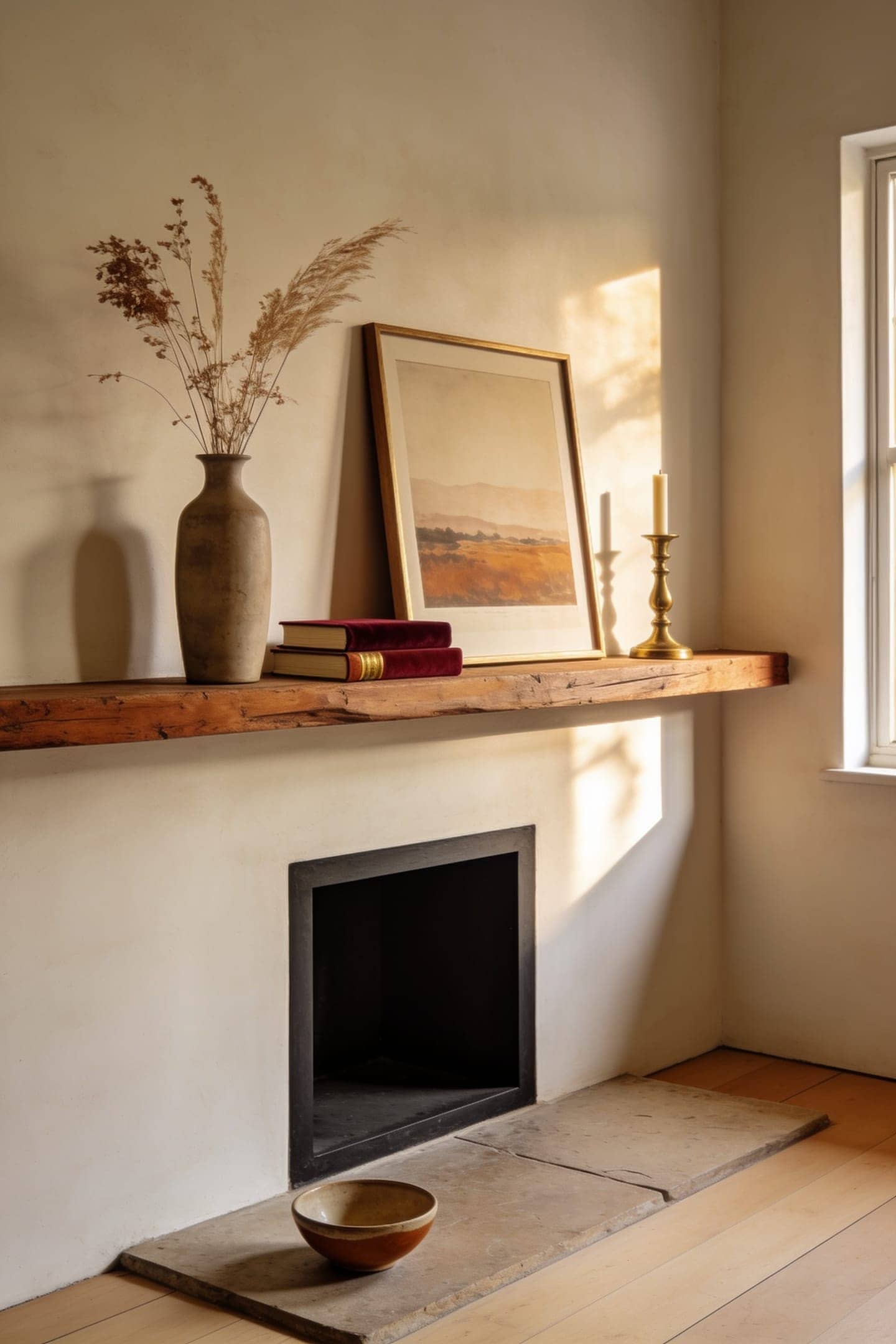 nearly finished mantel with generous space, one small object set aside on the hearth