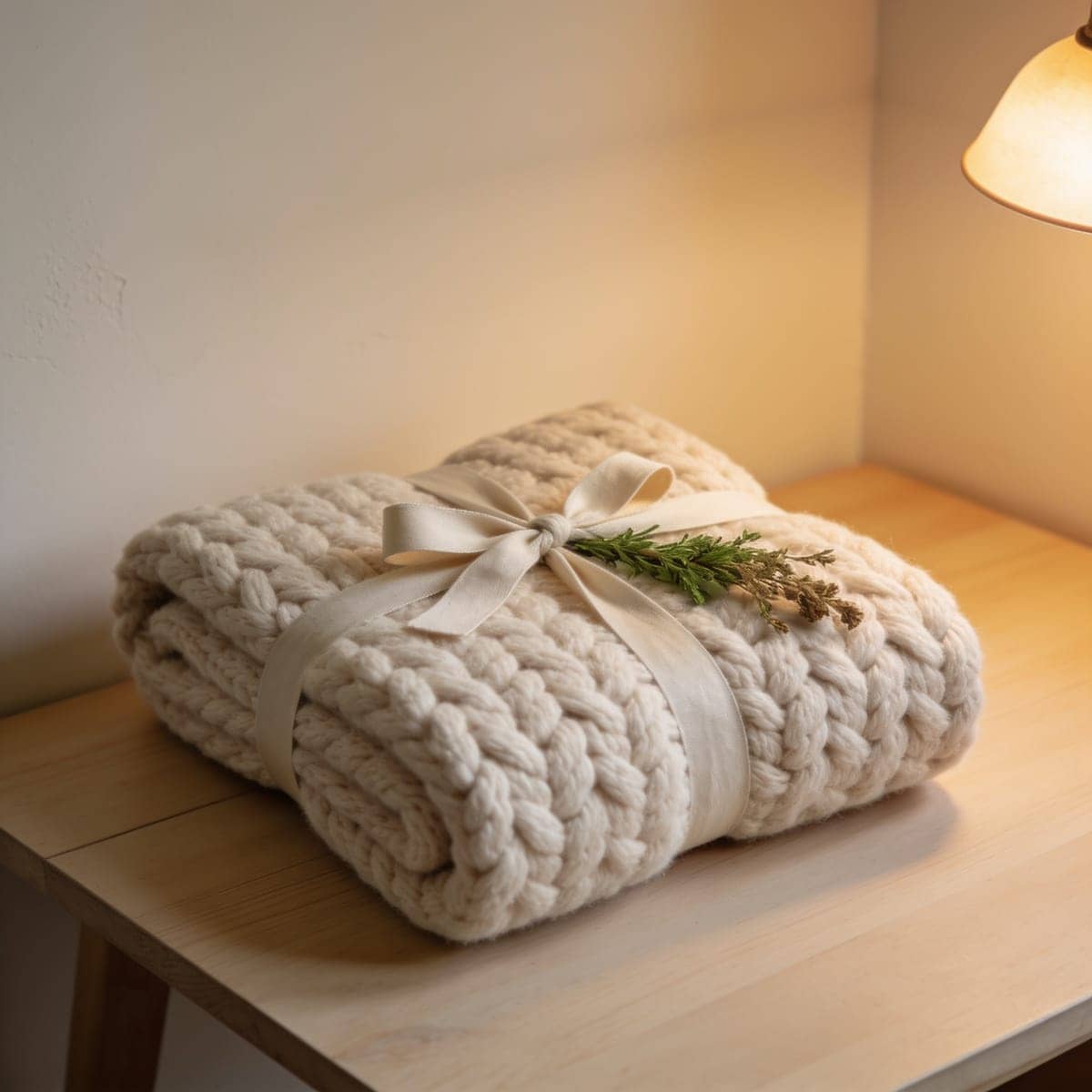oatmeal chunky knit throw blanket folded with a ribbon on a wood table