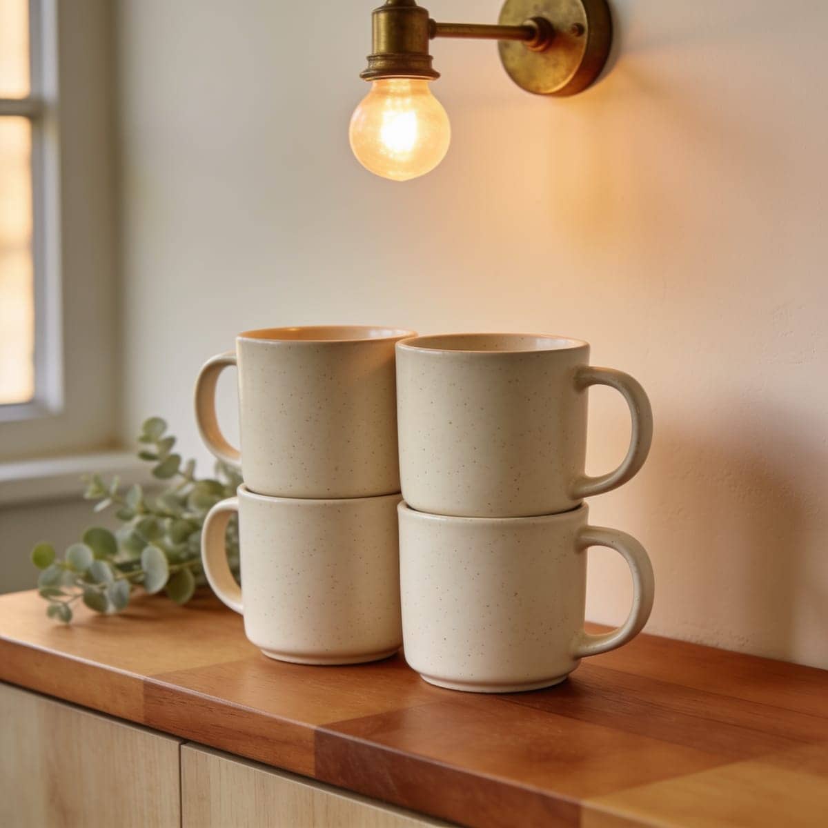 four speckled stoneware mugs stacked on a wood counter