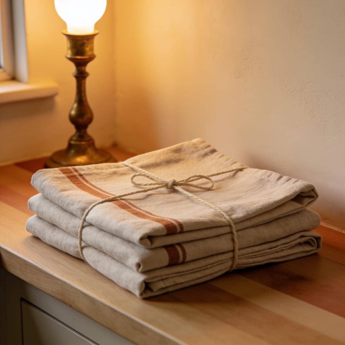 folded striped linen tea towels tied with string