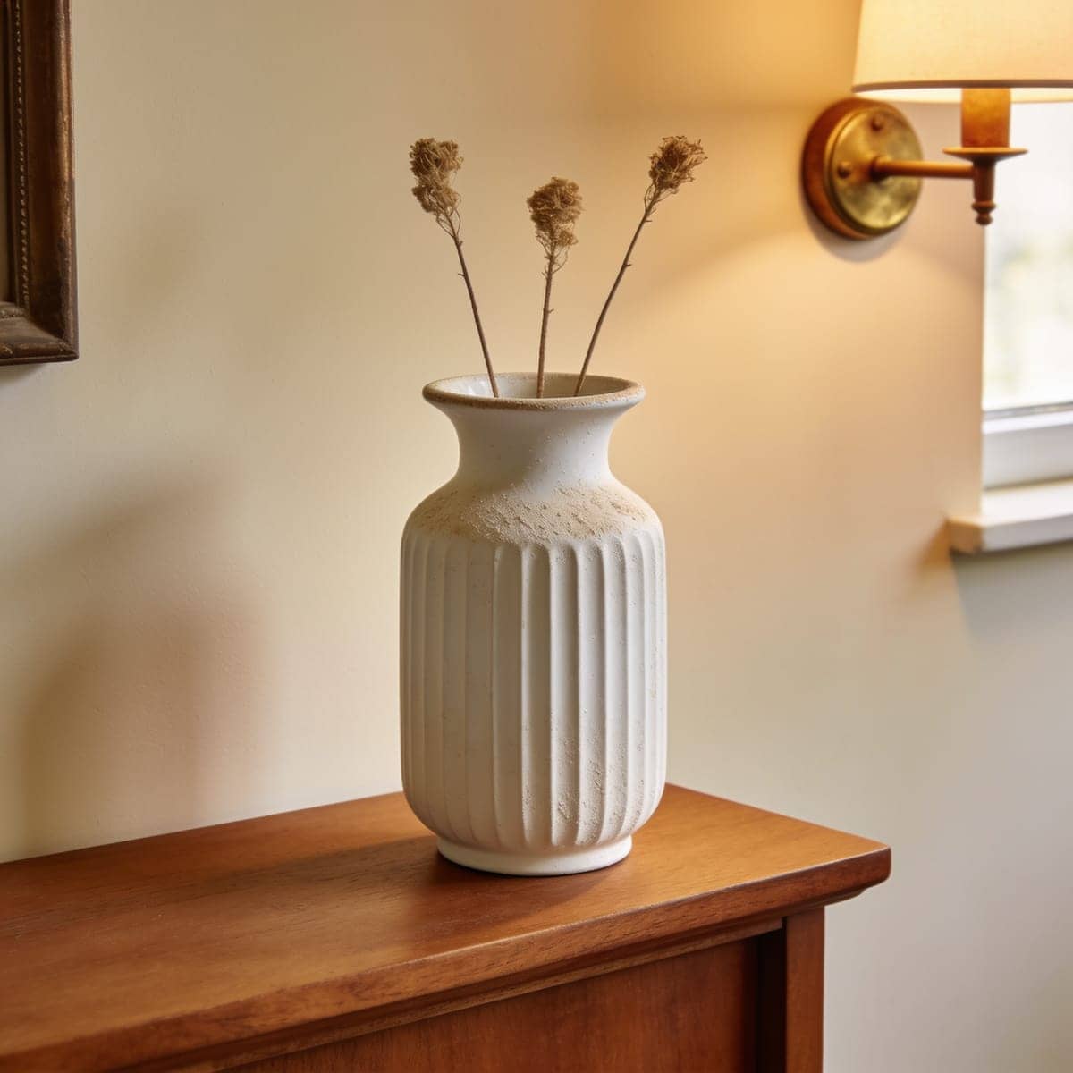matte cream ribbed ceramic vase with dried stems