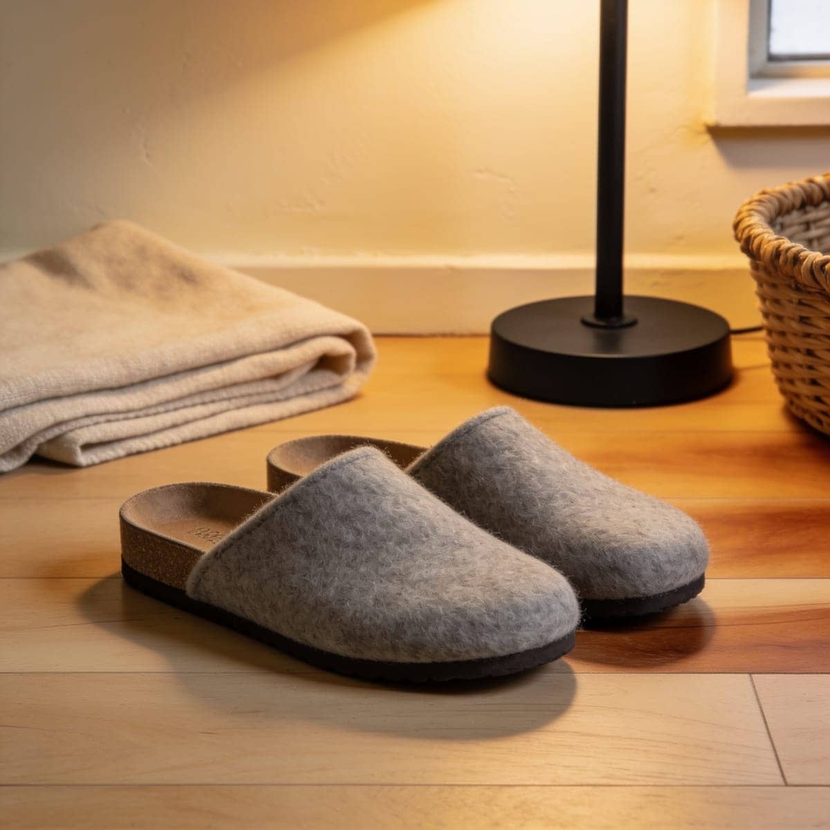 pair of grey wool blend slippers by a fireplace