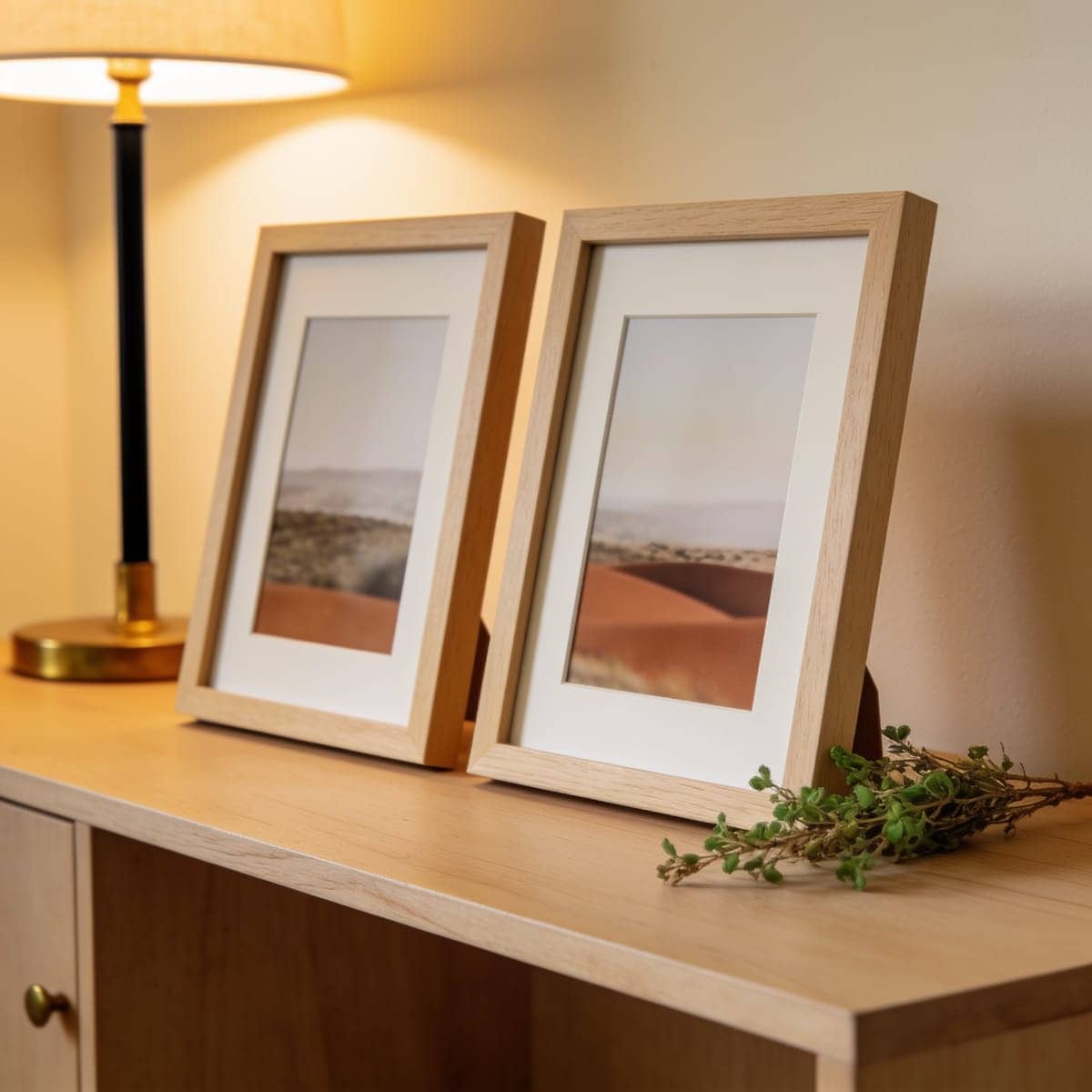 two oak picture frames leaning on a shelf